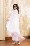Side view of White Lace-Embellished Abaya showing flowing fringe trim and sheer sleeves
