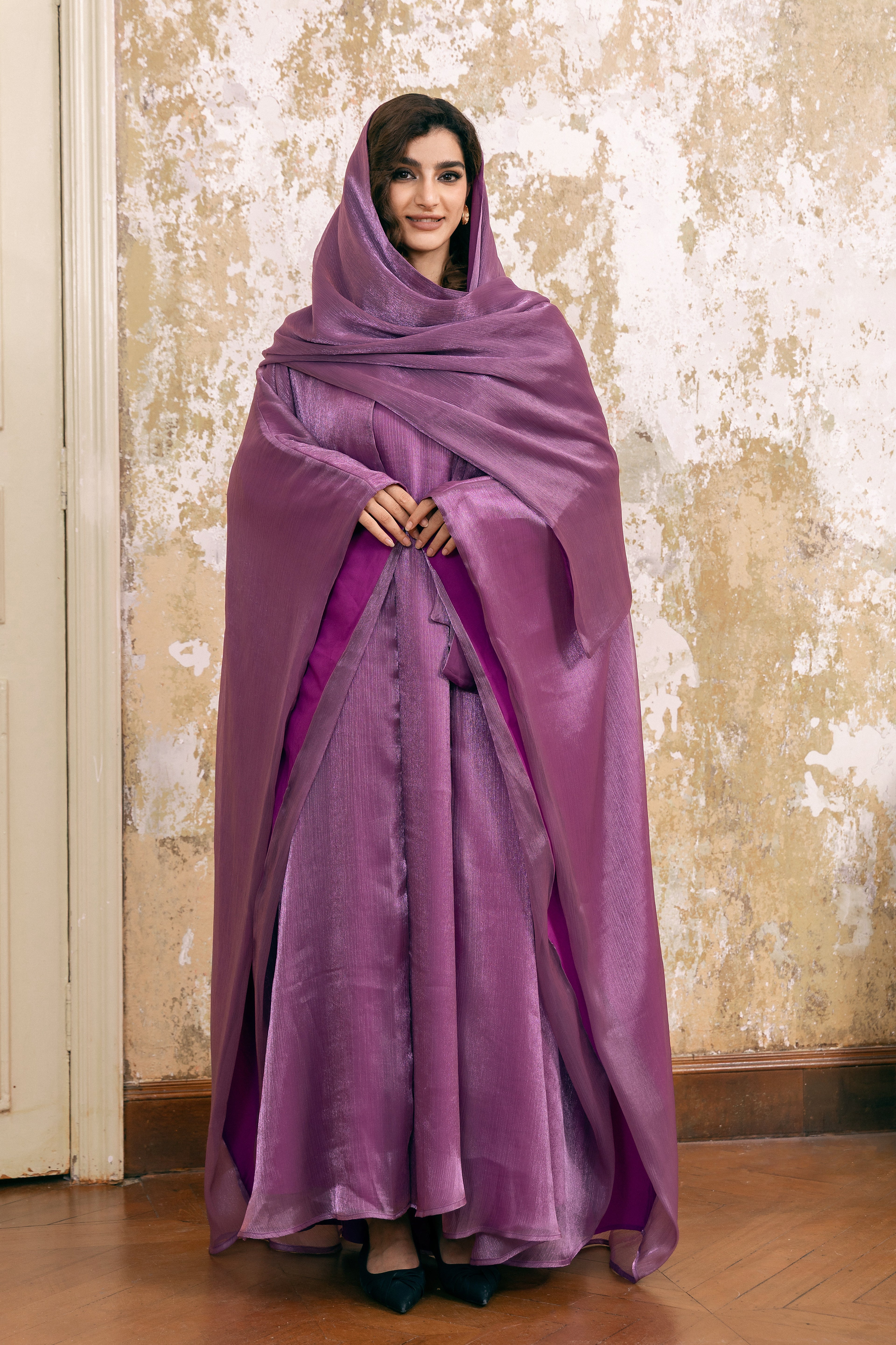P25006 Bright Purple Metallic Sheen Chiffon Abaya Set