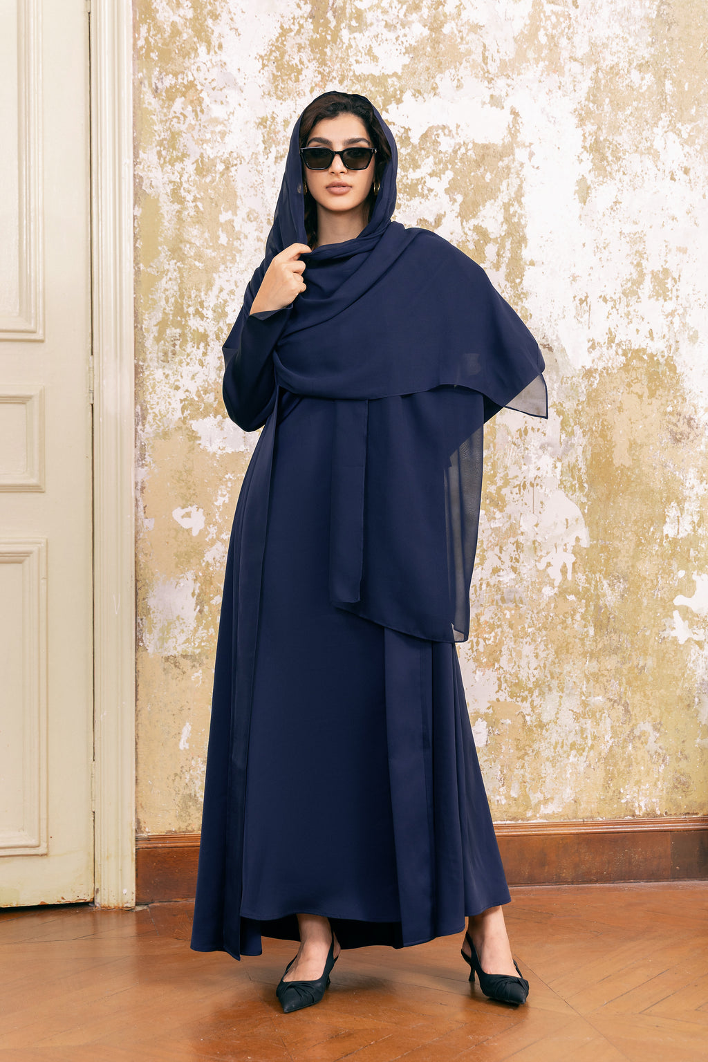 Ensemble robe abaya légère et transparente bleu foncé P25028