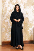 Front view of Black Chiffon Abaya Set with elegant lace trims