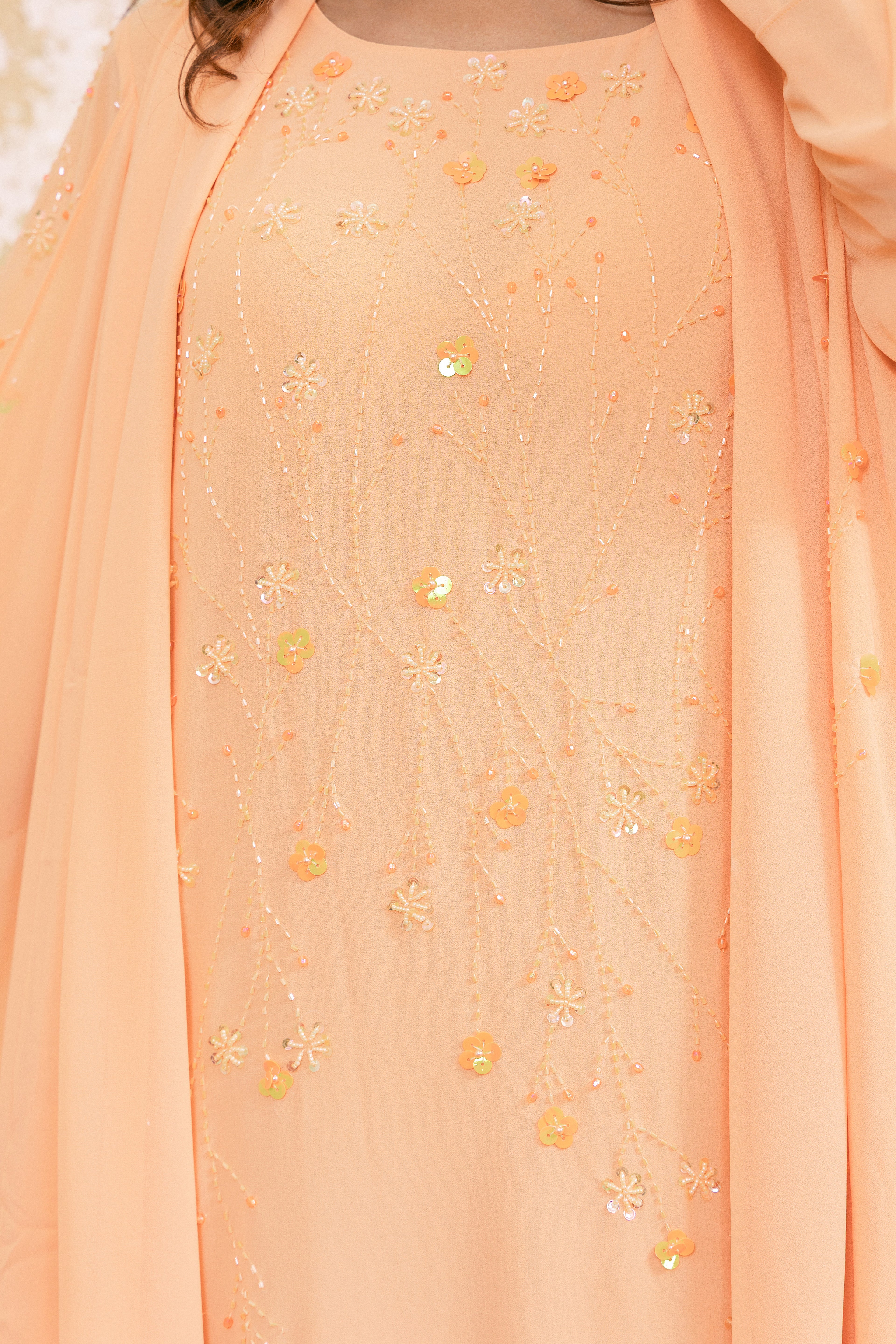 P25018 Bright Coral Hand made Sequin-Embellished Abaya Dress Set