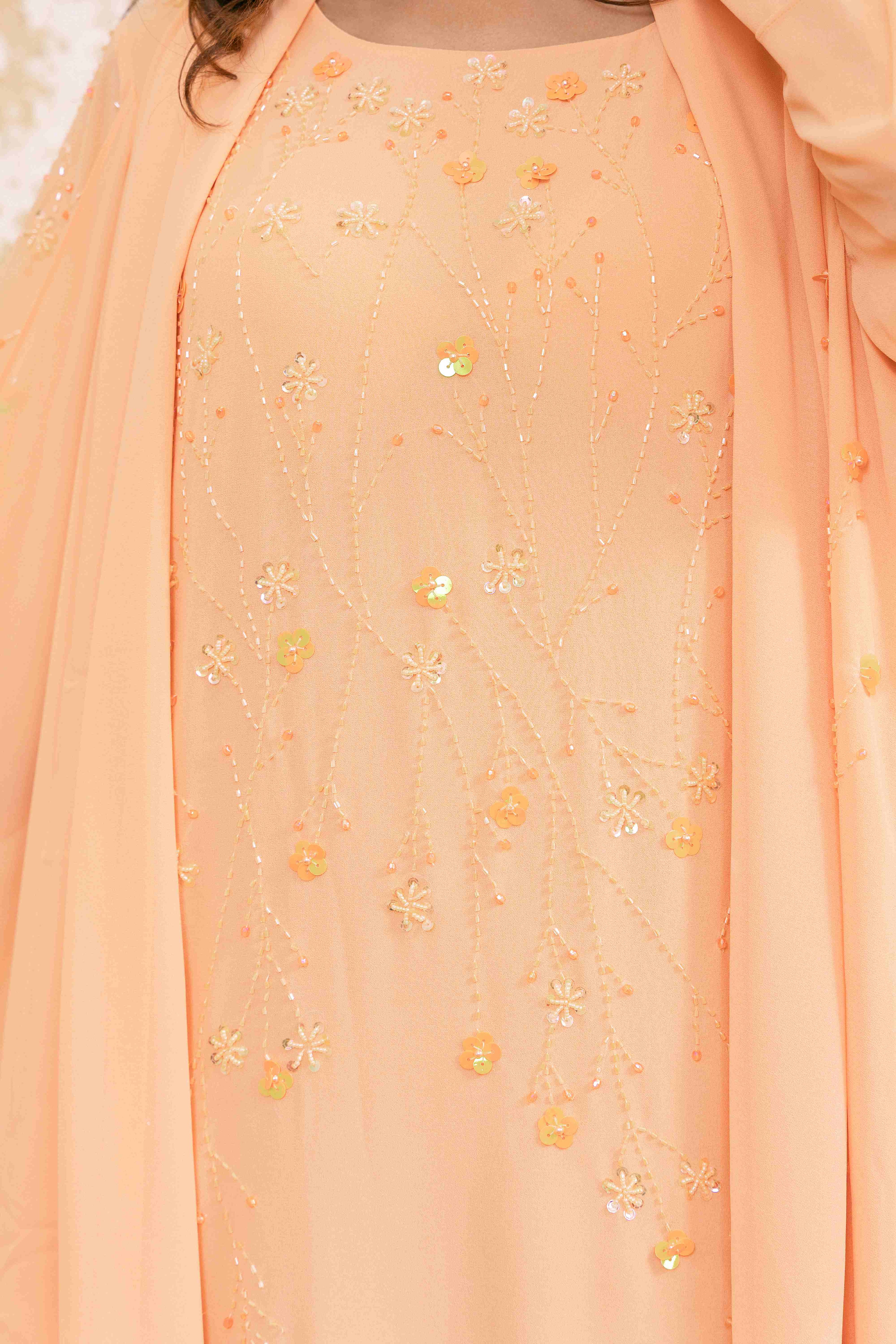 P25018 Bright Coral Hand made Sequin-Embellished Abaya Dress Set