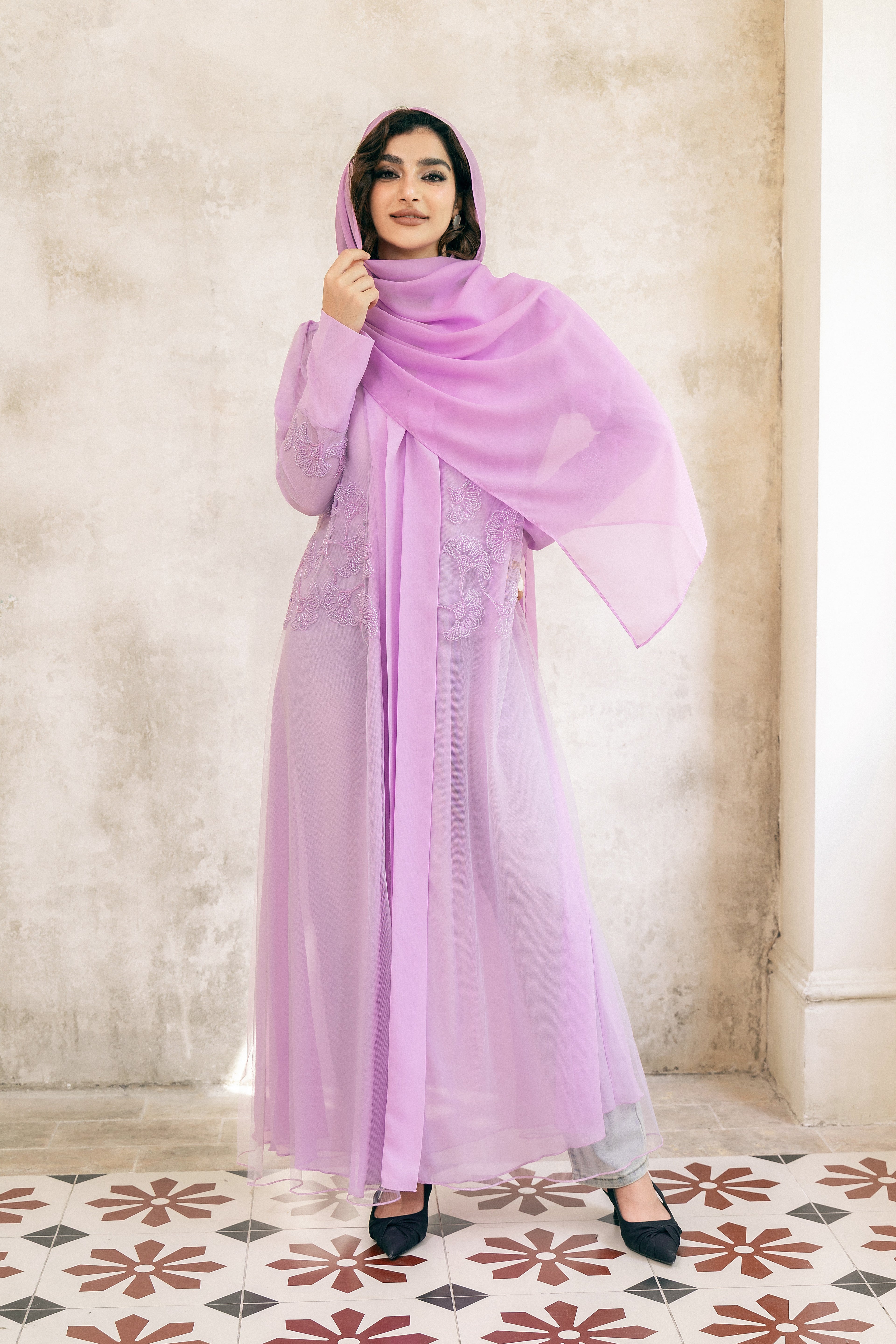 P25008 Purple Lace Embroidered Sequin-Embellished Abaya Coat