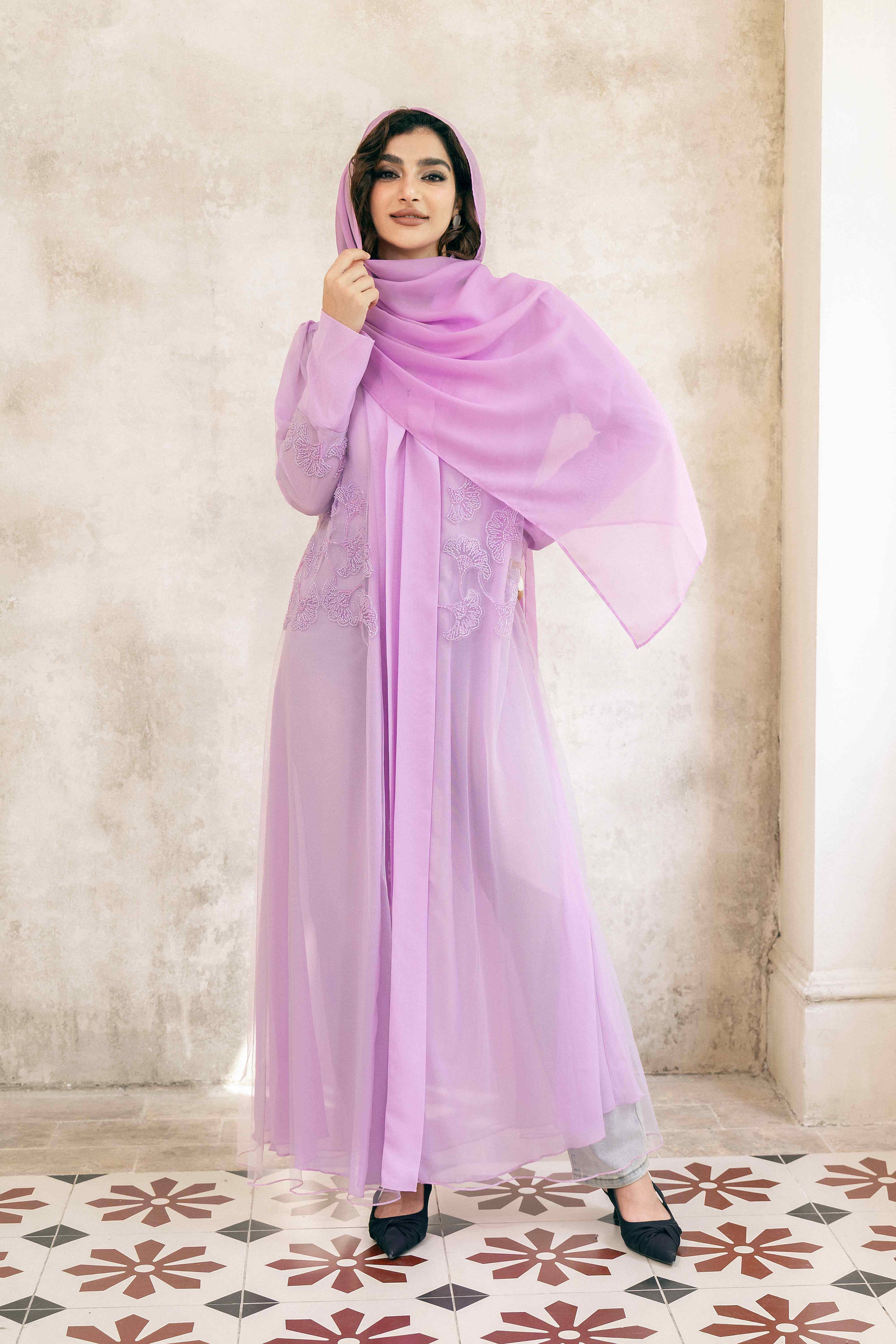 Purple Lace Embroidered Sequin-Embellished Abaya Coat – NUR OYOUNI