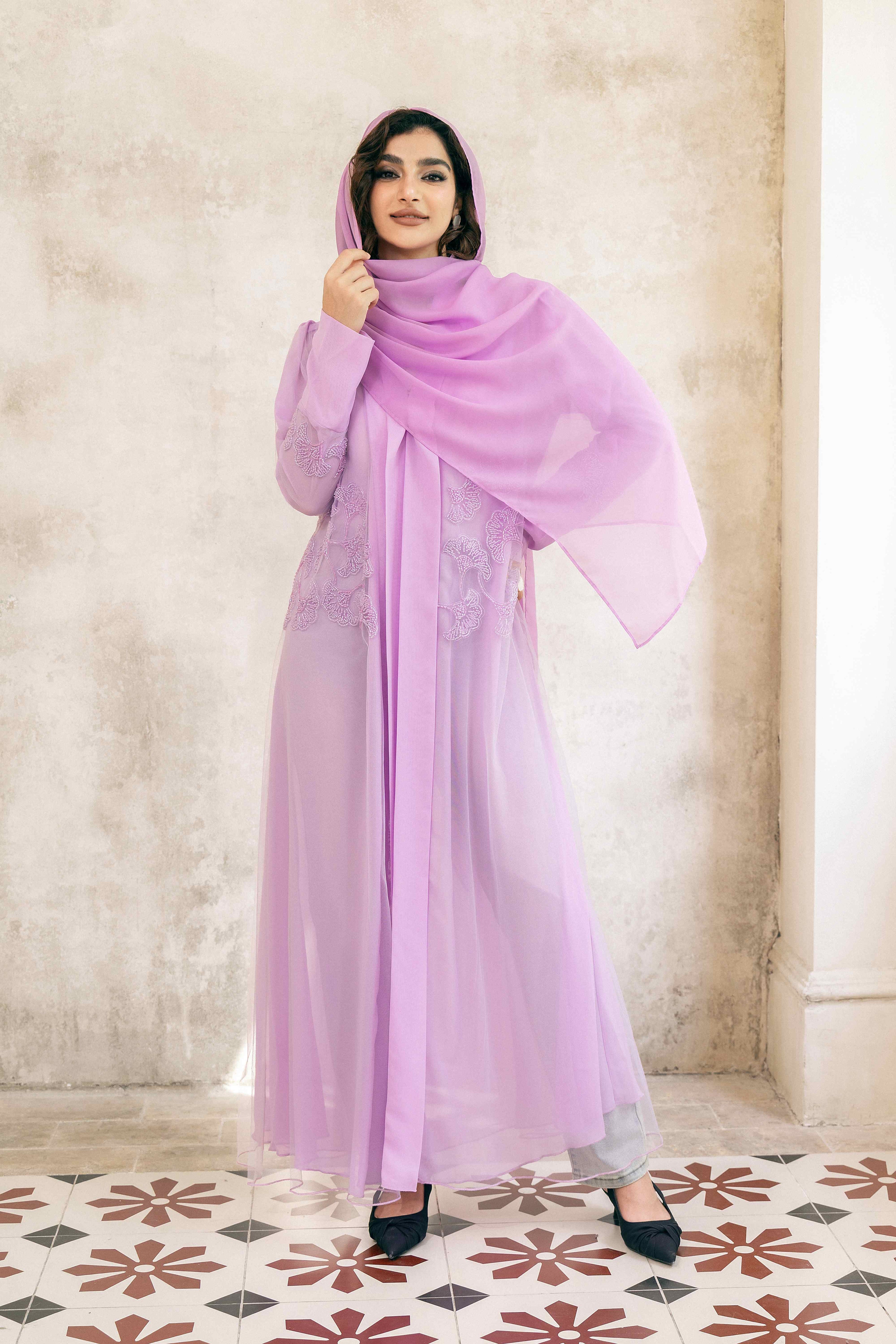 P25008 Purple Lace Embroidered Sequin-Embellished Abaya Coat