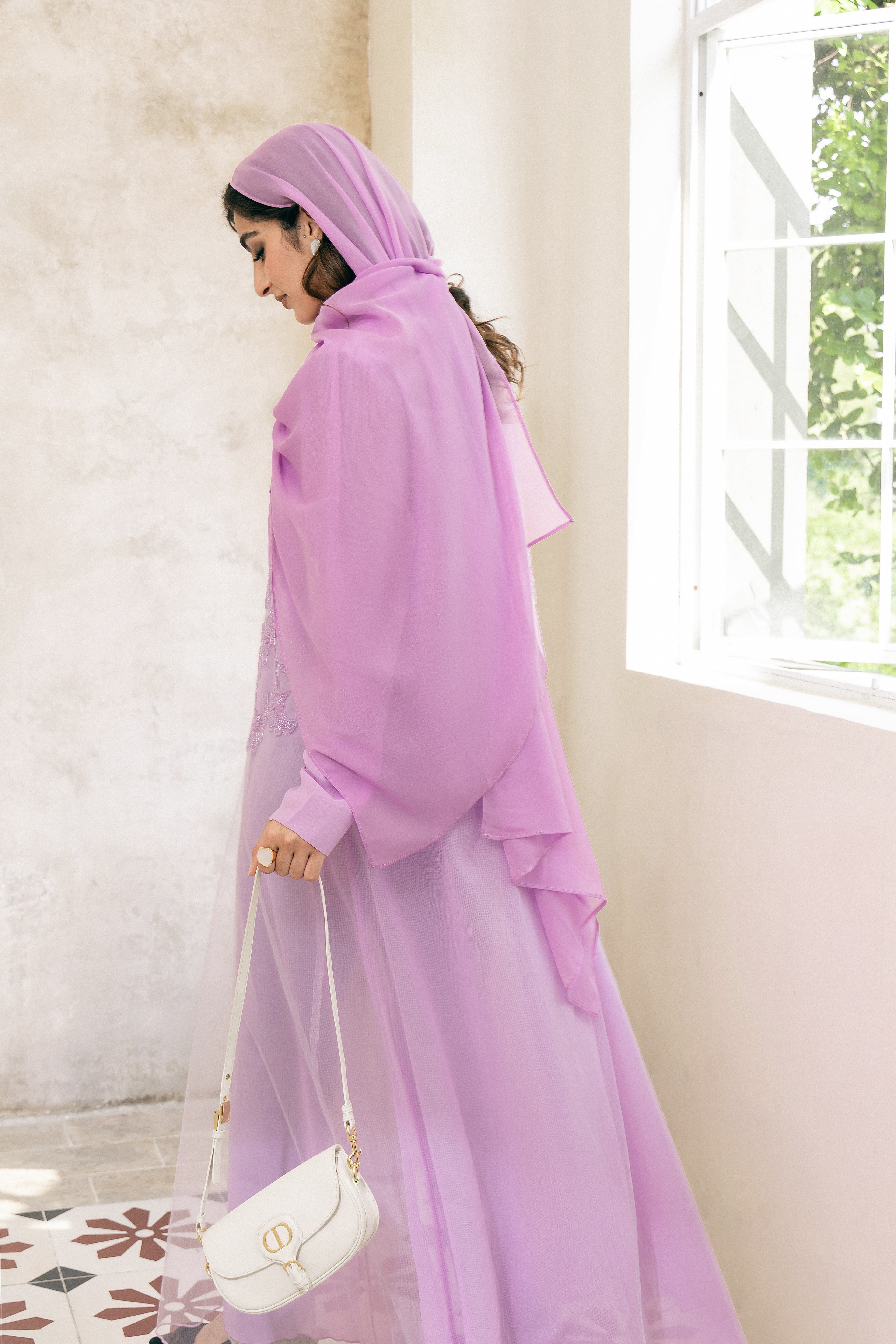 P25008 Purple Lace Embroidered Sequin-Embellished Abaya Coat