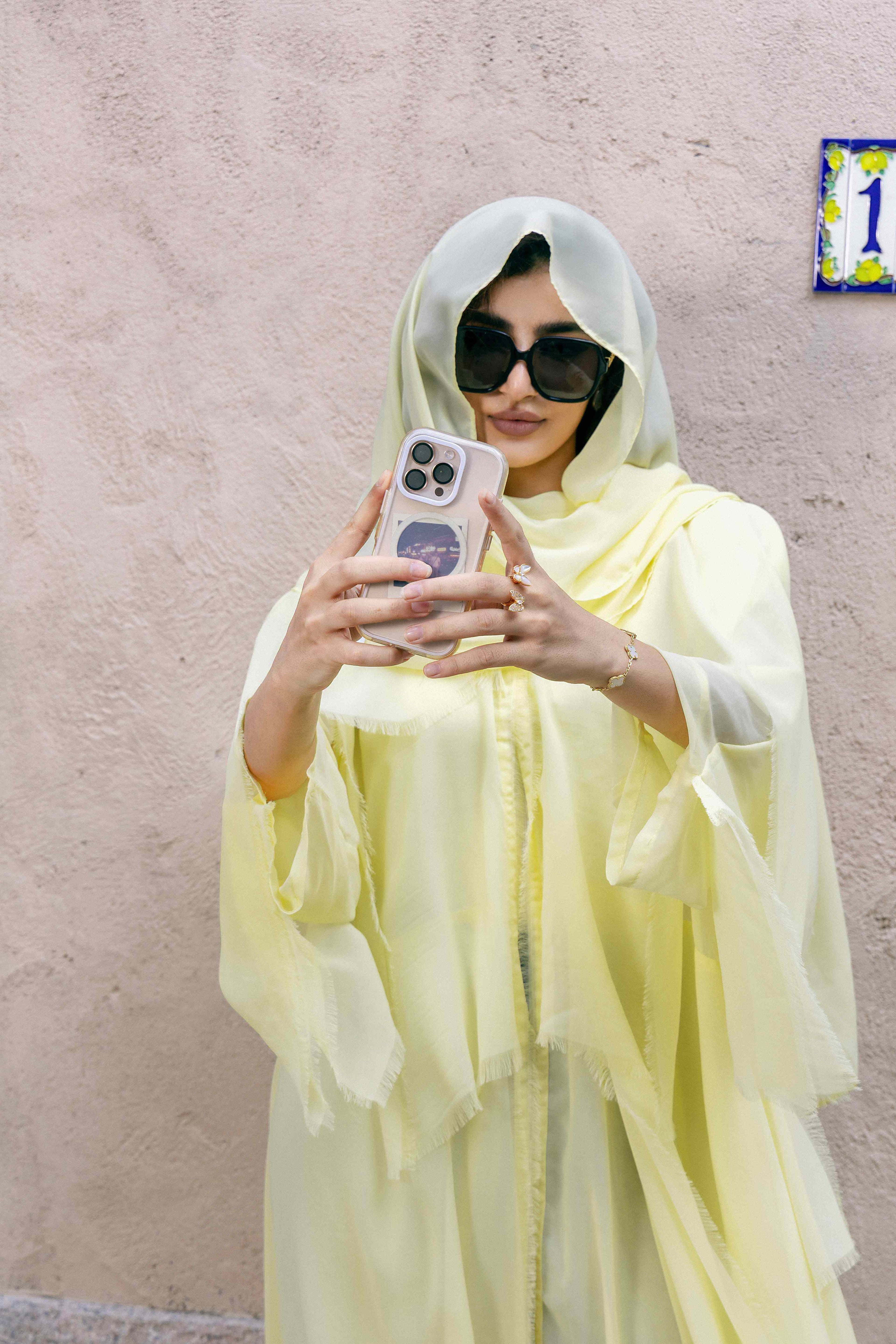 Soft Light Yellow hooded Abaya set with decorative tassels