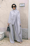 Front view of  Silver Grey Full-Body Rhinestone Embellished Abaya Coat Set