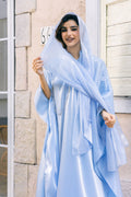 Main look of Luminous Sky Blue Abaya with elegant satin lily sheen