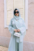 Main look of Baby Blue Acetate Abaya with elegant rhinestone lace