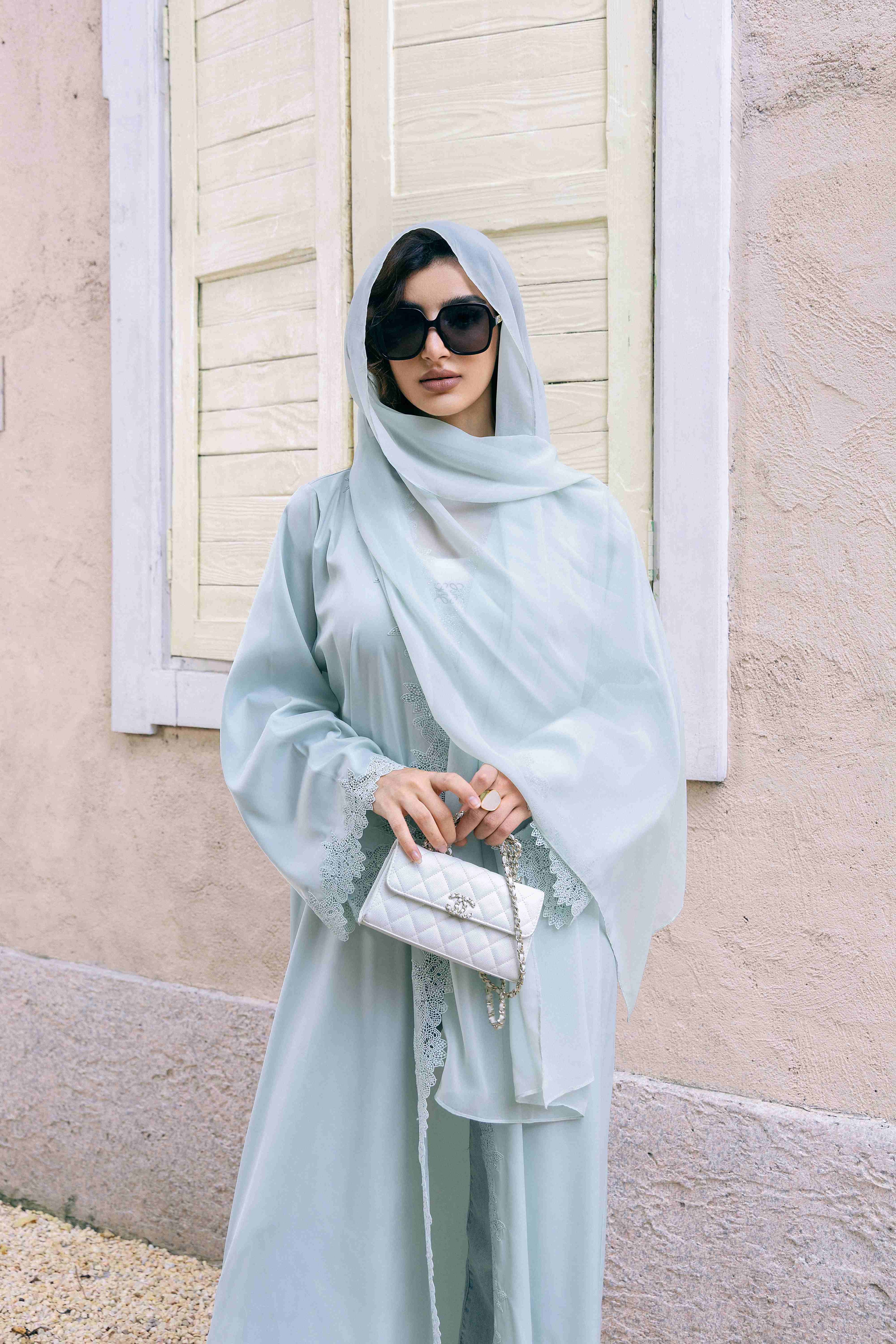 P25011 Baby Blue Lace with Rhinestone Trim Acetate Abaya Coat Set