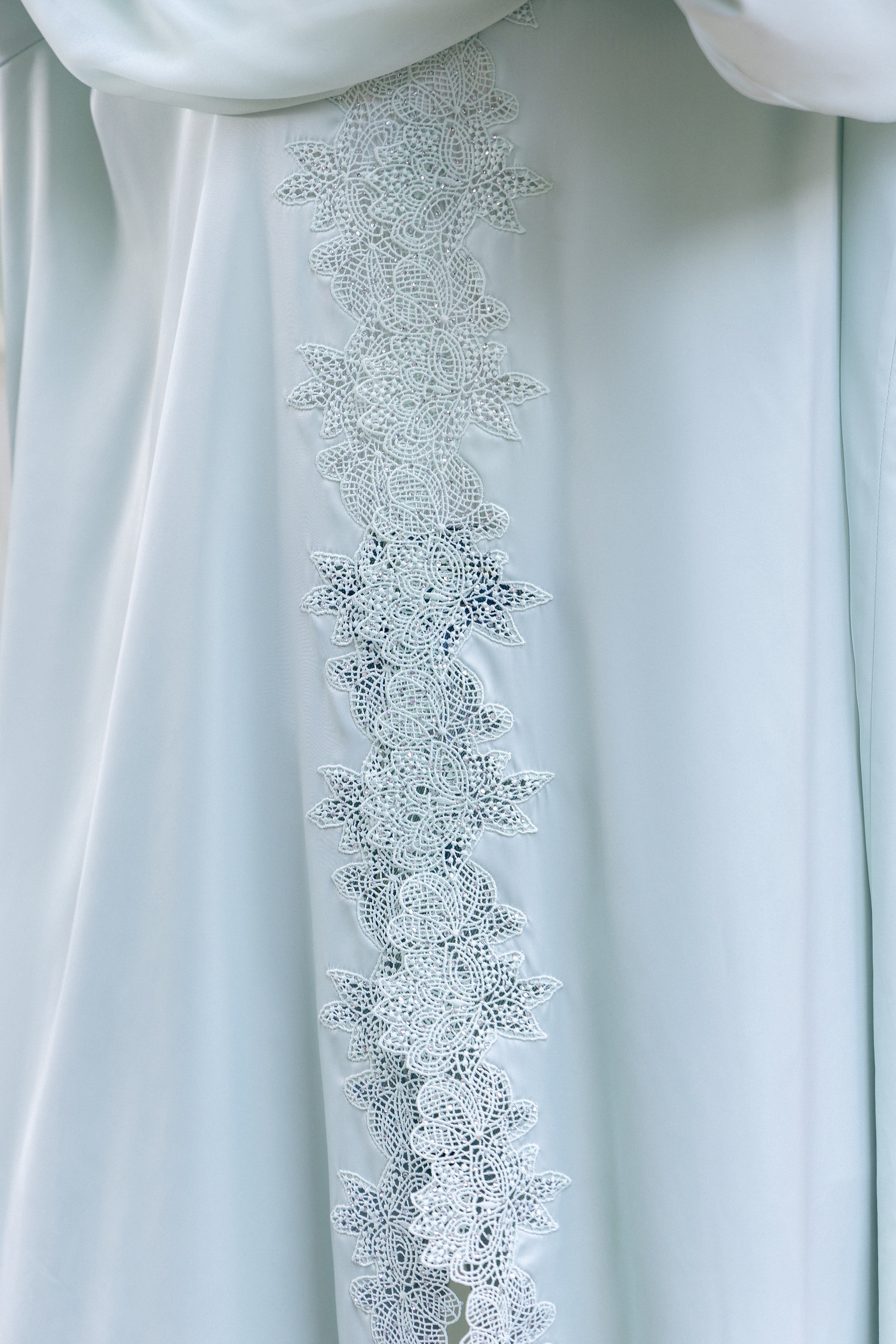 P25011 Baby Blue Lace with Rhinestone Trim Acetate Abaya Coat Set