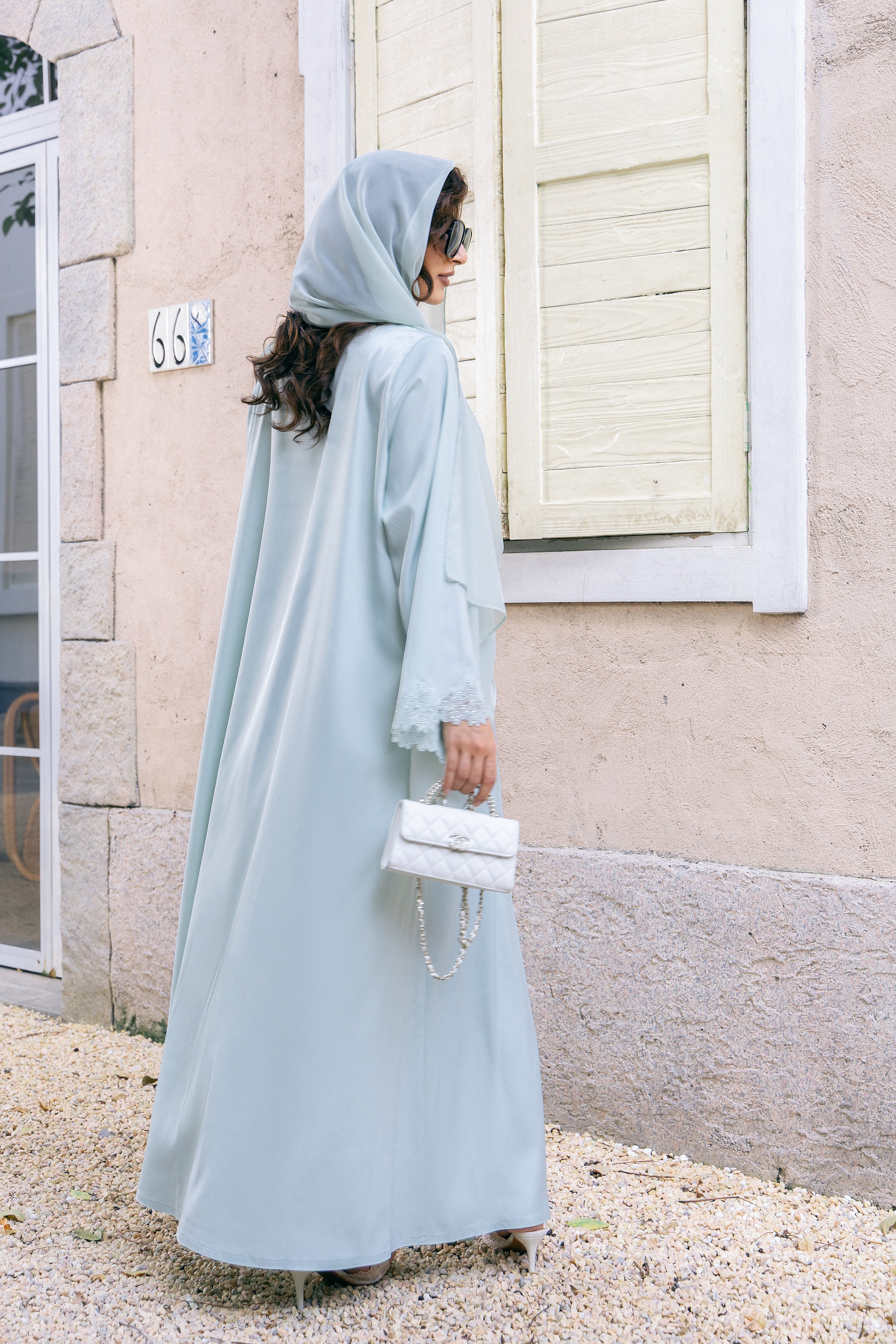 P25011 Baby Blue Lace with Rhinestone Trim Acetate Abaya Coat Set