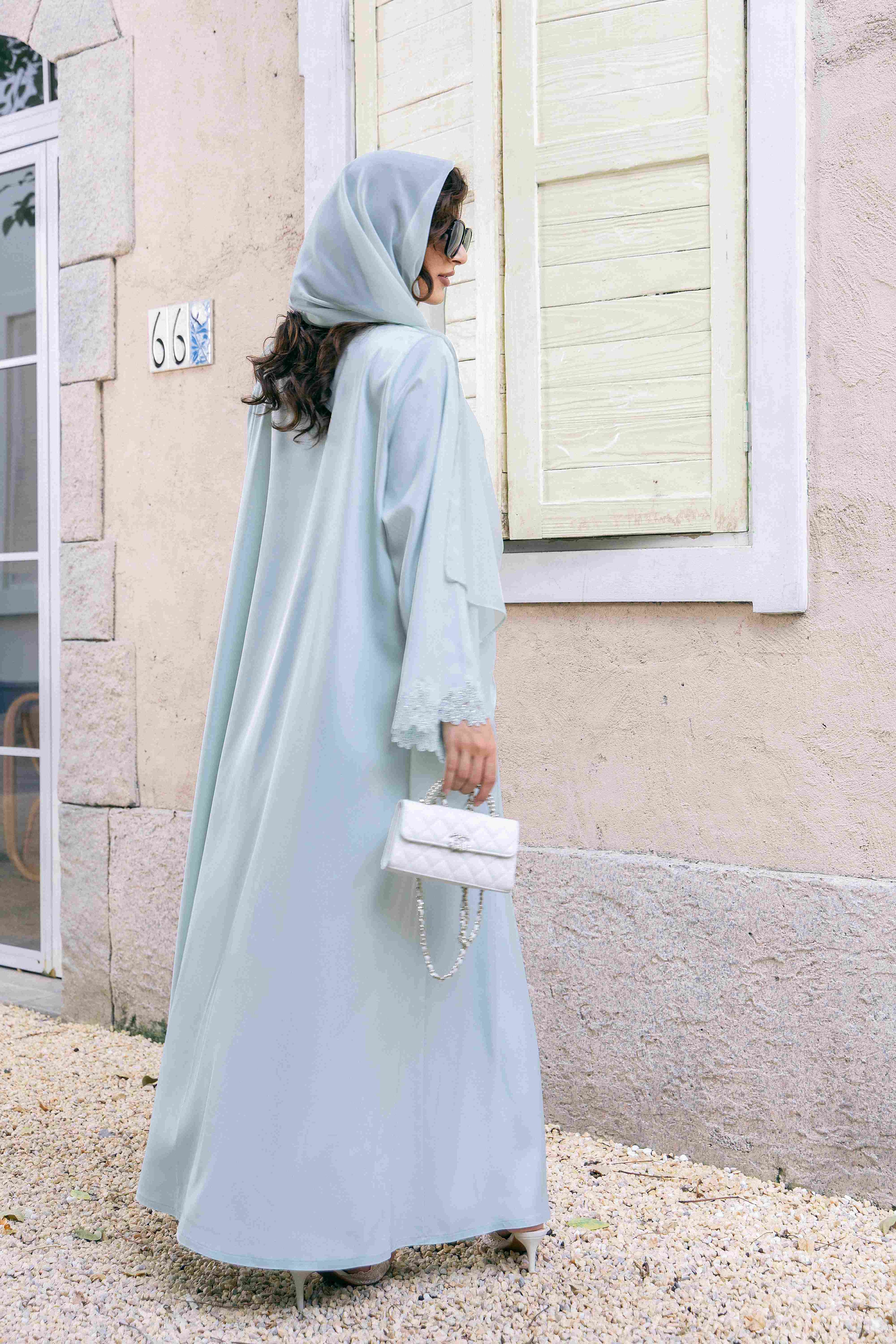 P25011 Baby Blue Lace with Rhinestone Trim Acetate Abaya Coat Set