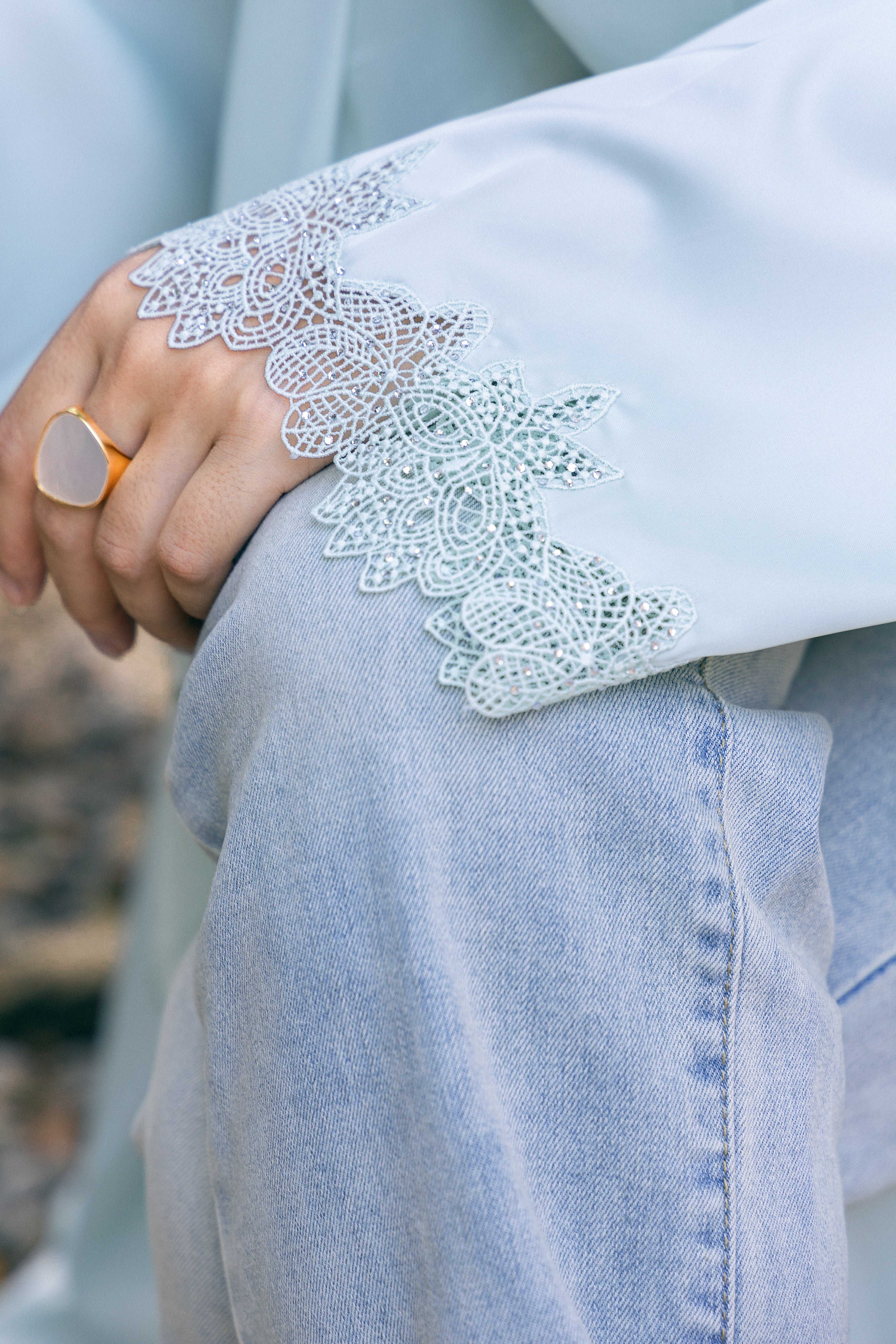 P25011 Baby Blue Lace with Rhinestone Trim Acetate Abaya Coat Set