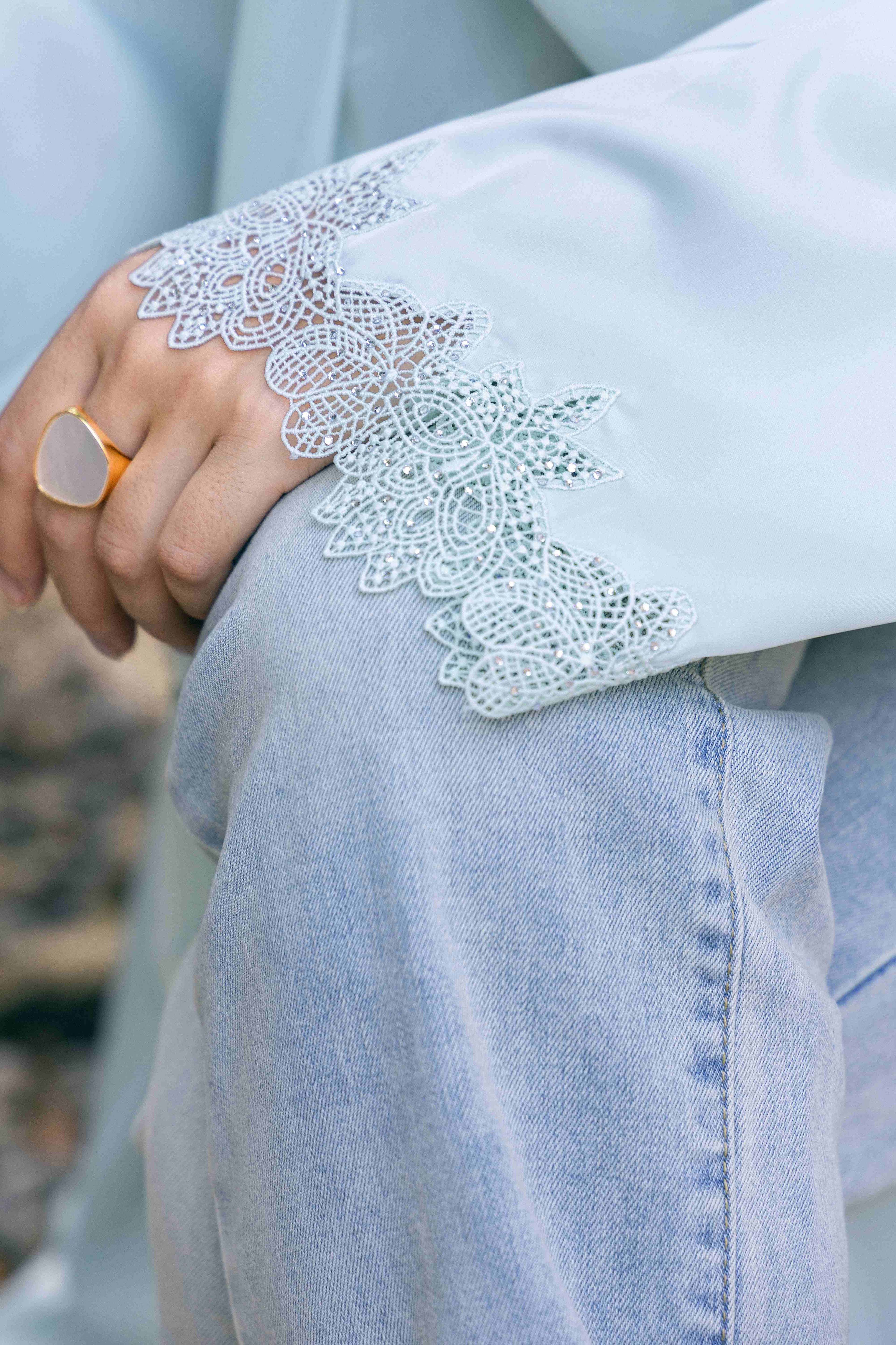 P25011 Baby Blue Lace with Rhinestone Trim Acetate Abaya Coat Set