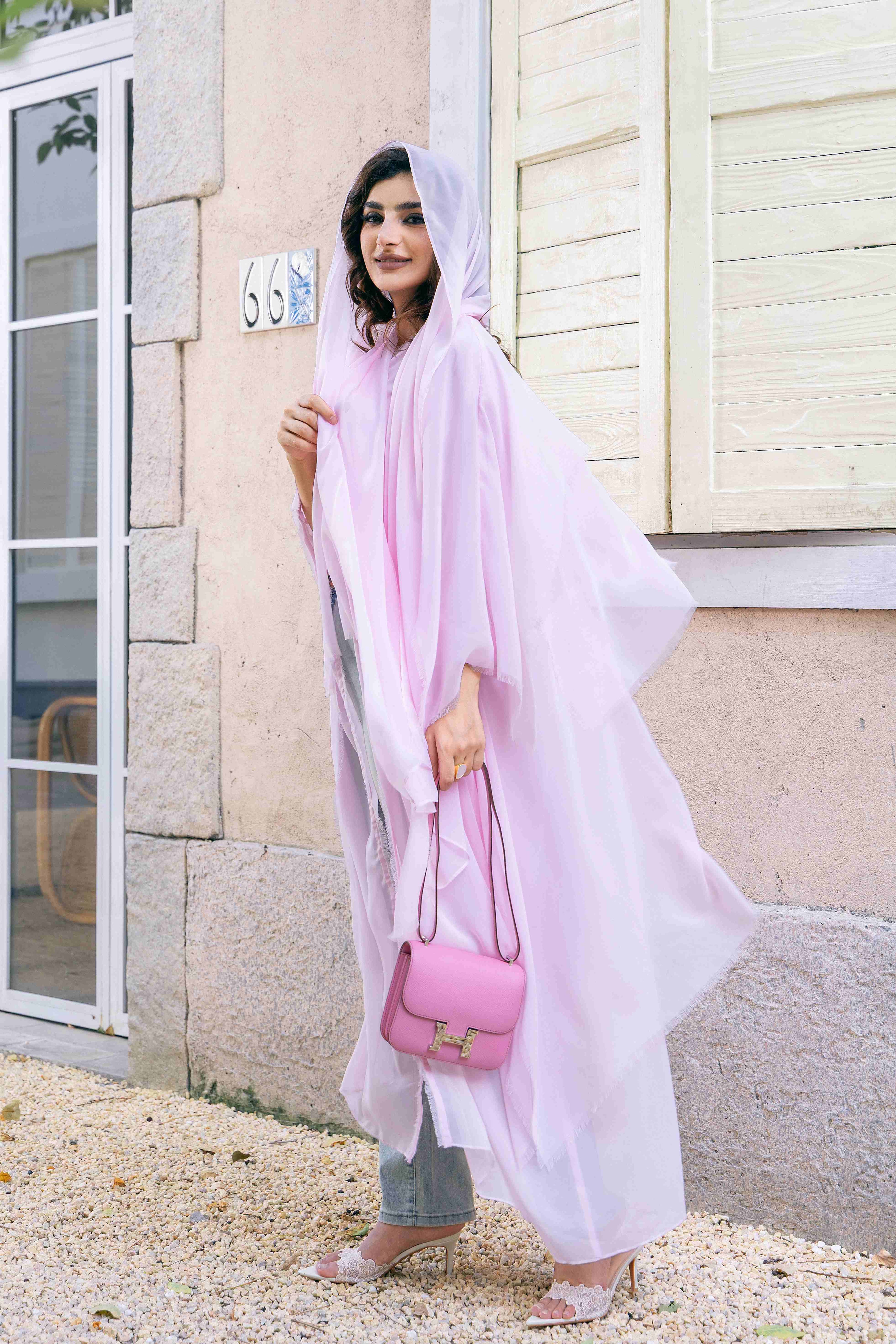 P25025 Pink Sheer Tasseled Trim Abaya Coat