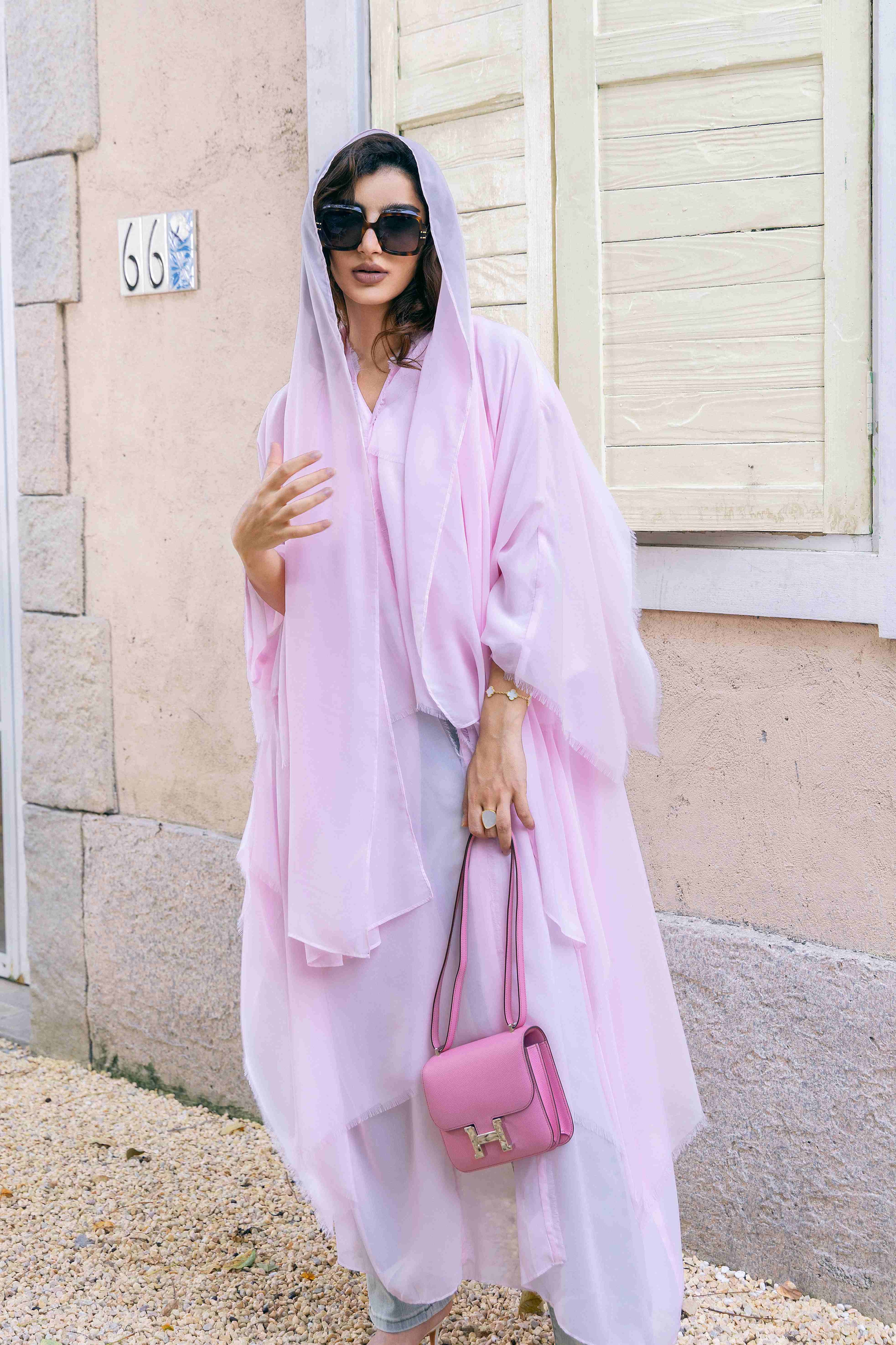P25025 Pink Sheer Tasseled Trim Abaya Coat