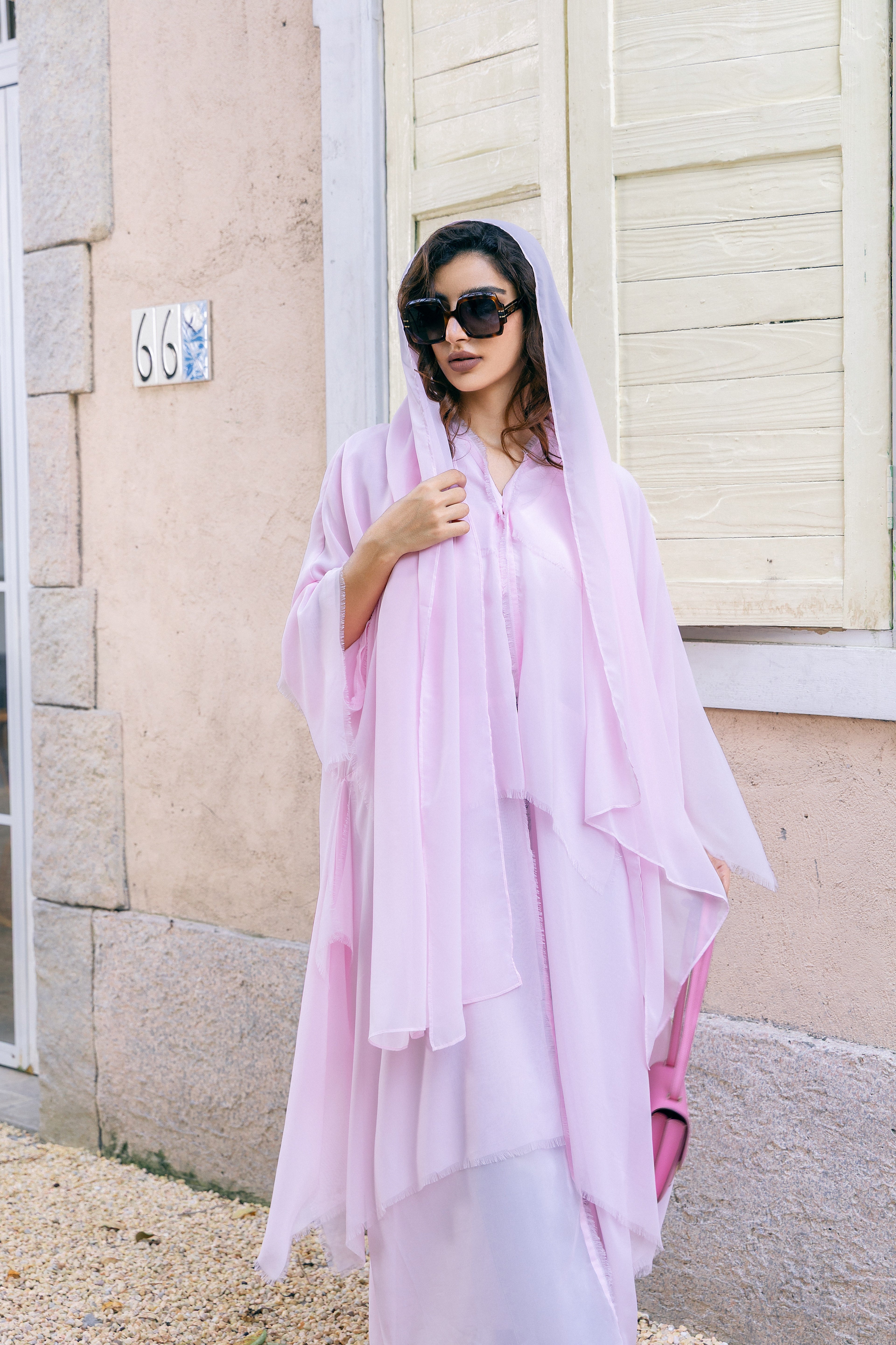 P25025 Pink Sheer Tasseled Trim Abaya Coat