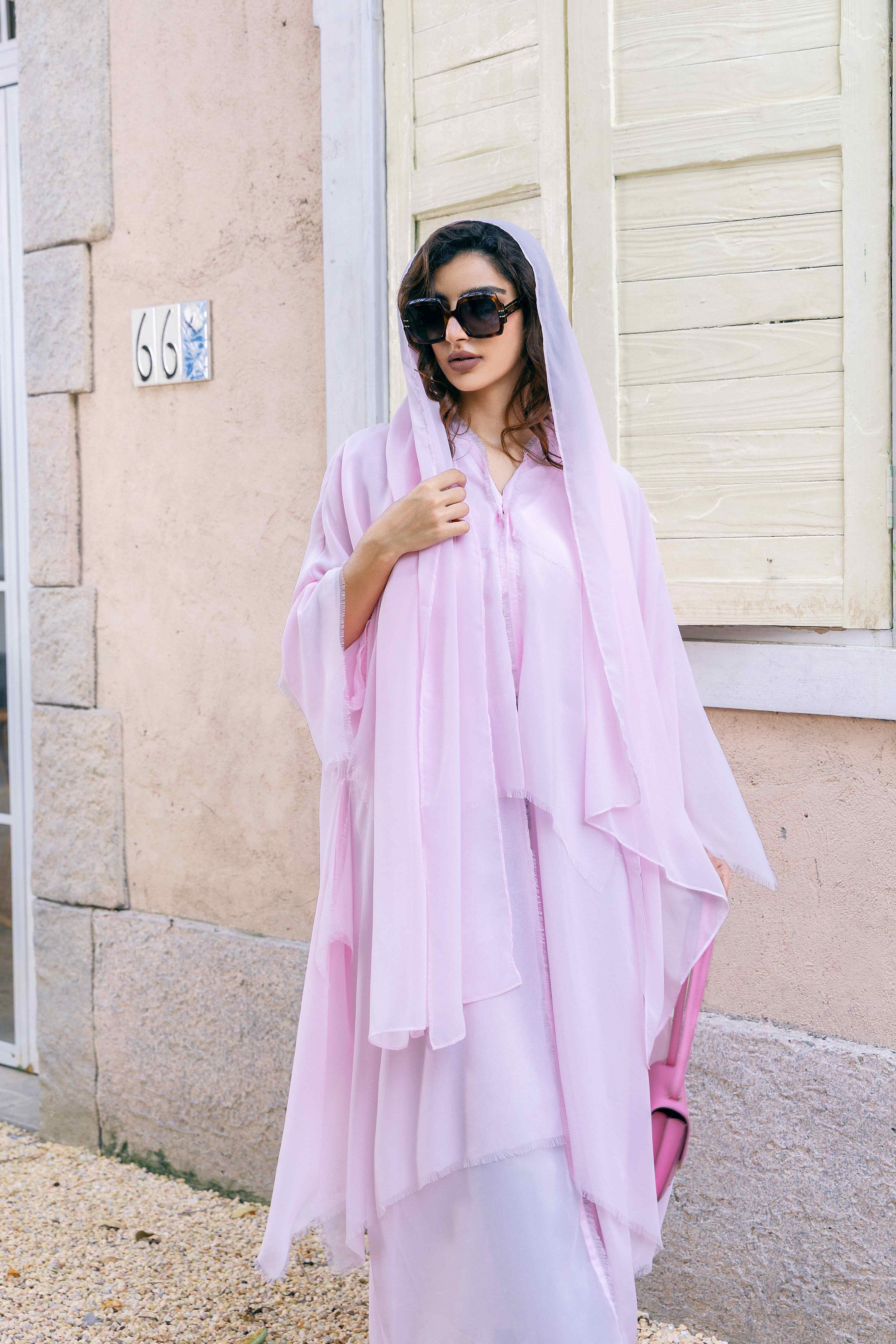 P25025 Pink Sheer Tasseled Trim Abaya Coat
