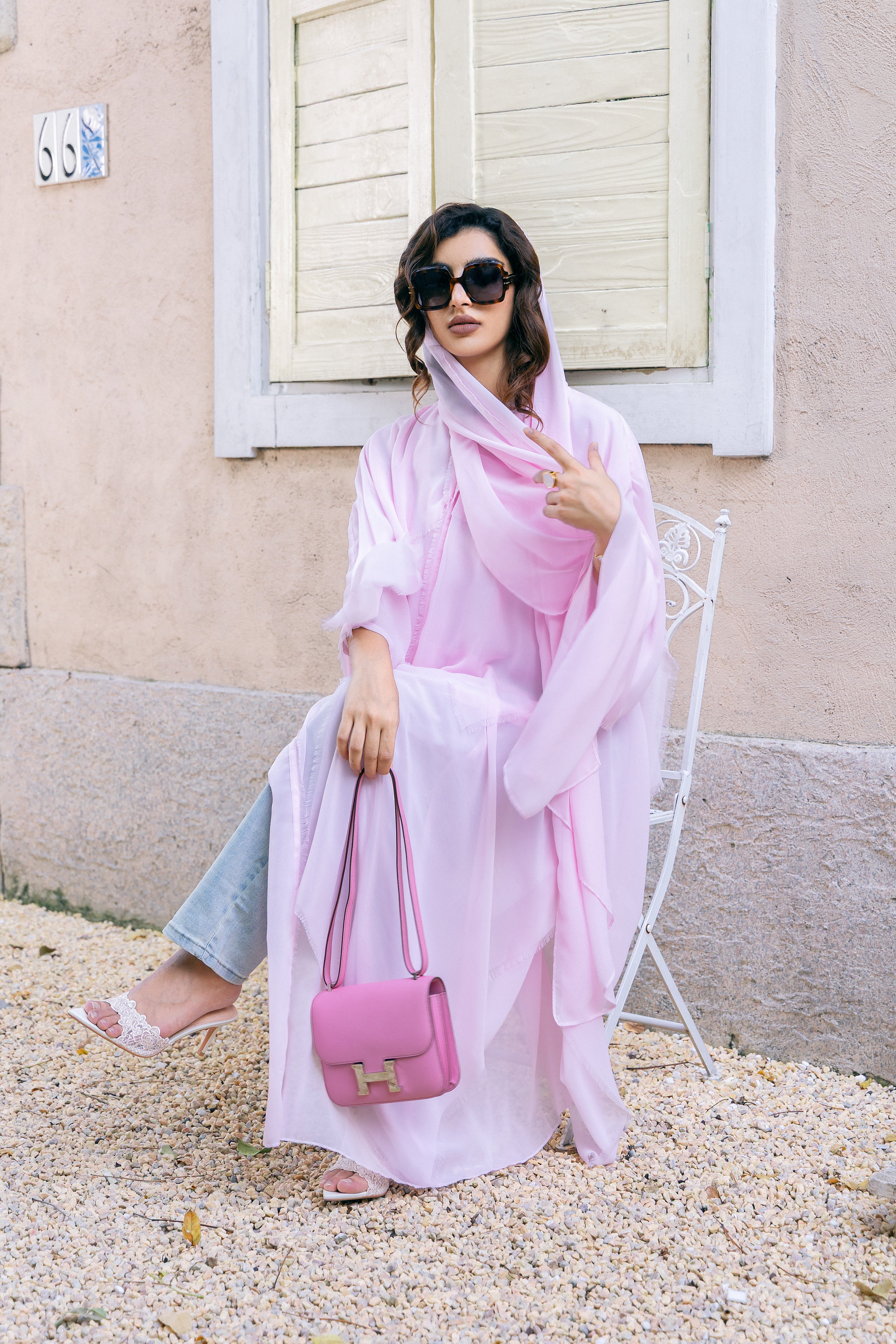 P25025 Pink Sheer Tasseled Trim Abaya Coat