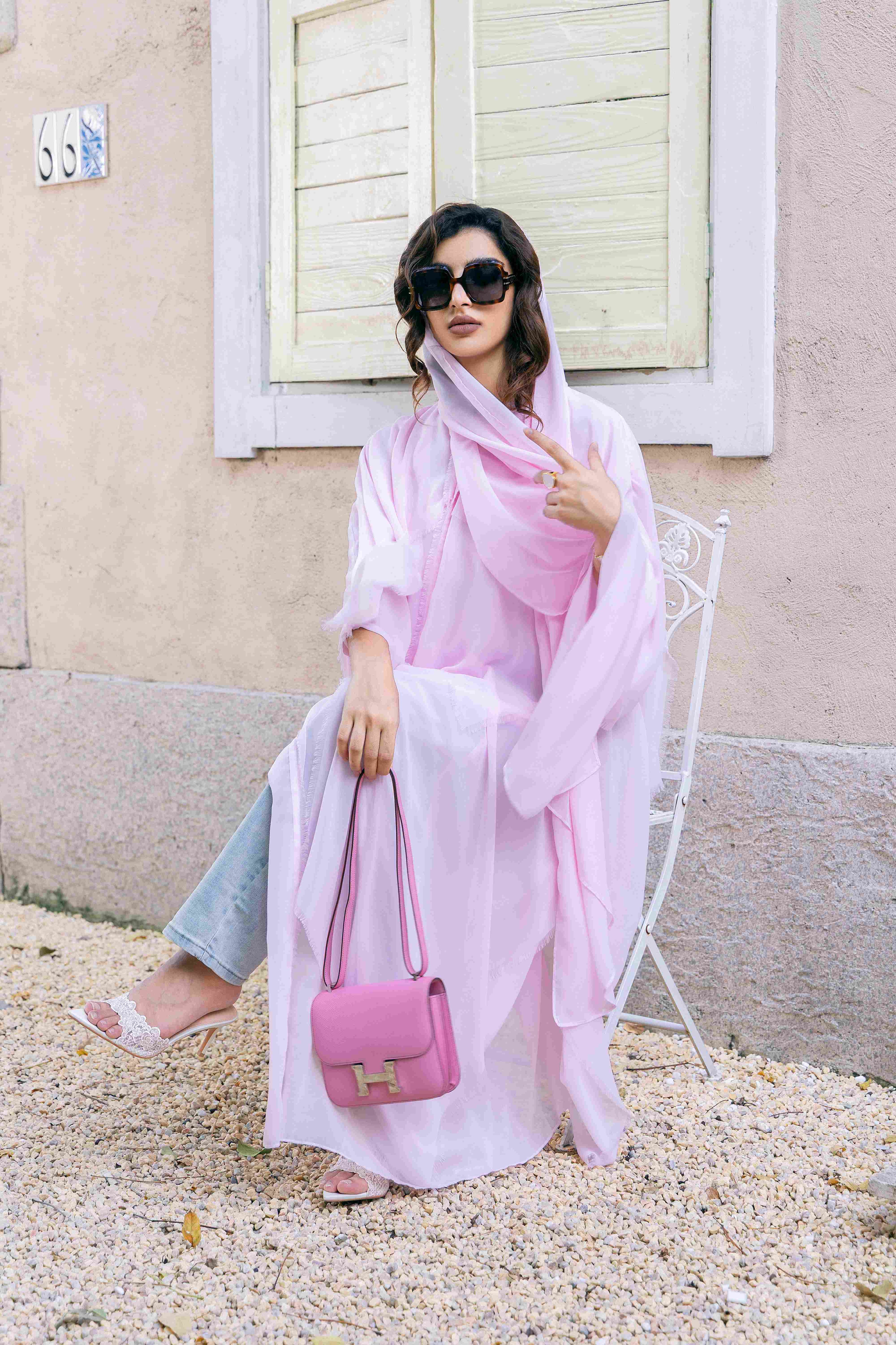 P25025 Pink Sheer Tasseled Trim Abaya Coat