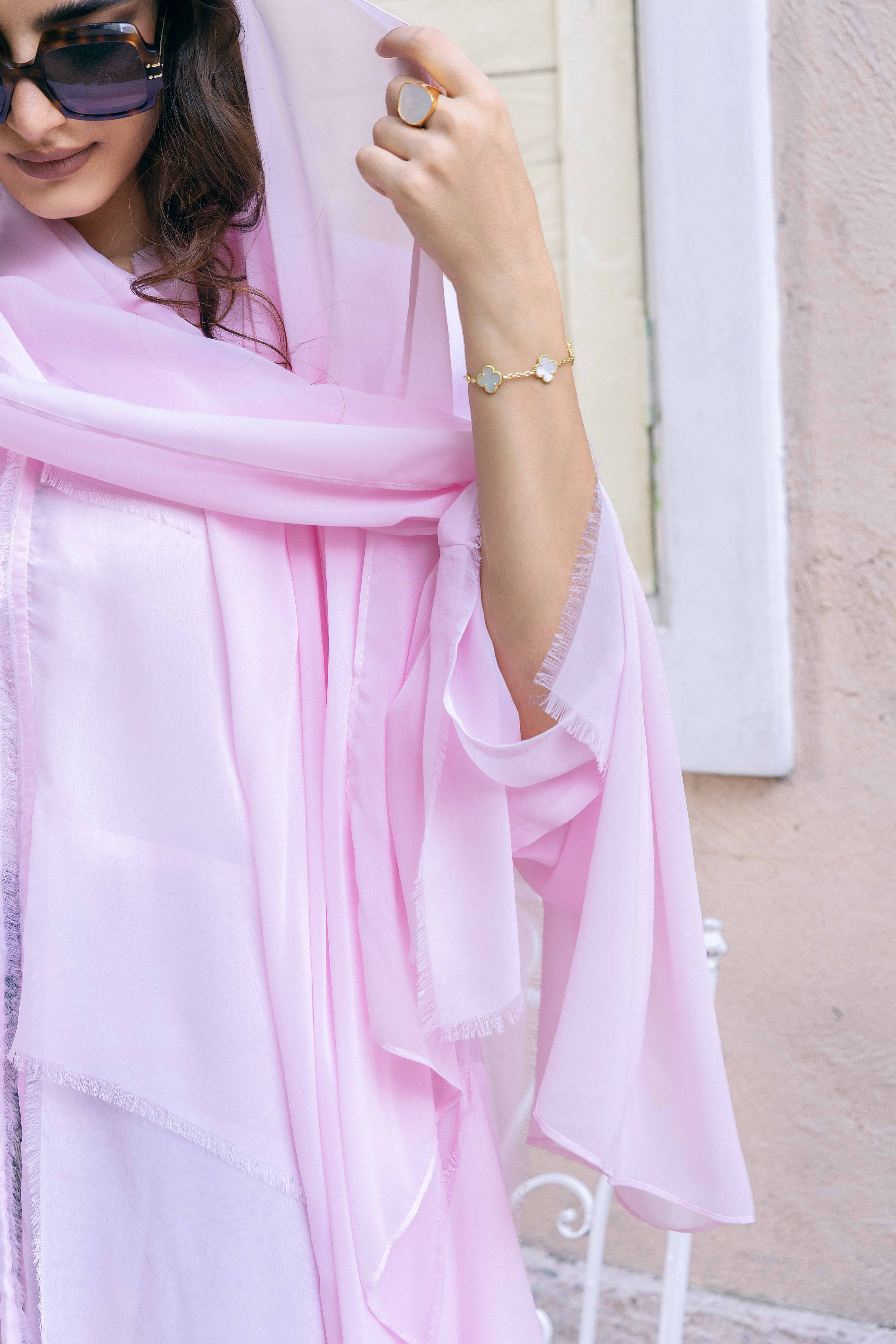 P25025 Pink Sheer Tasseled Trim Abaya Coat