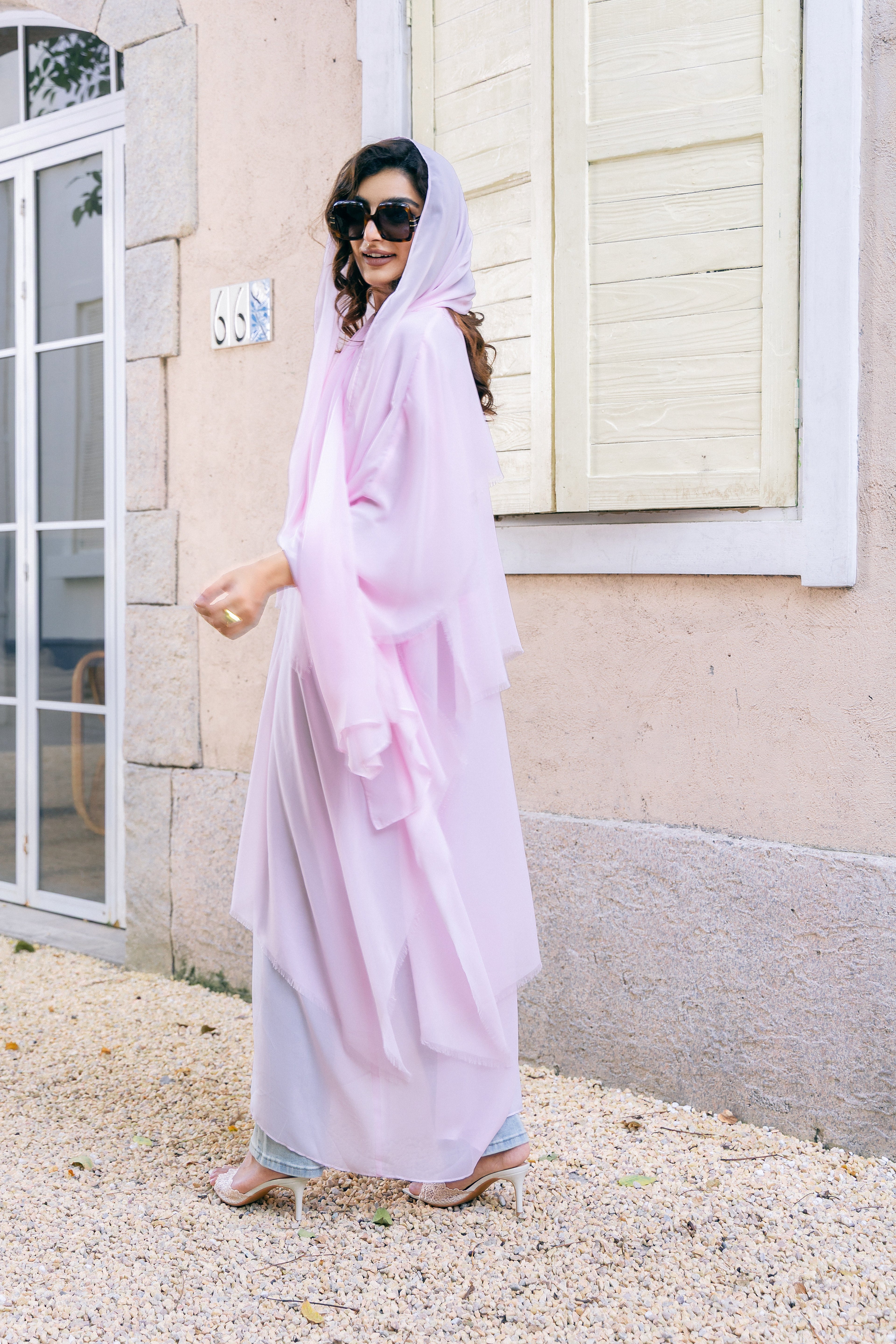 P25025 Pink Sheer Tasseled Trim Abaya Coat