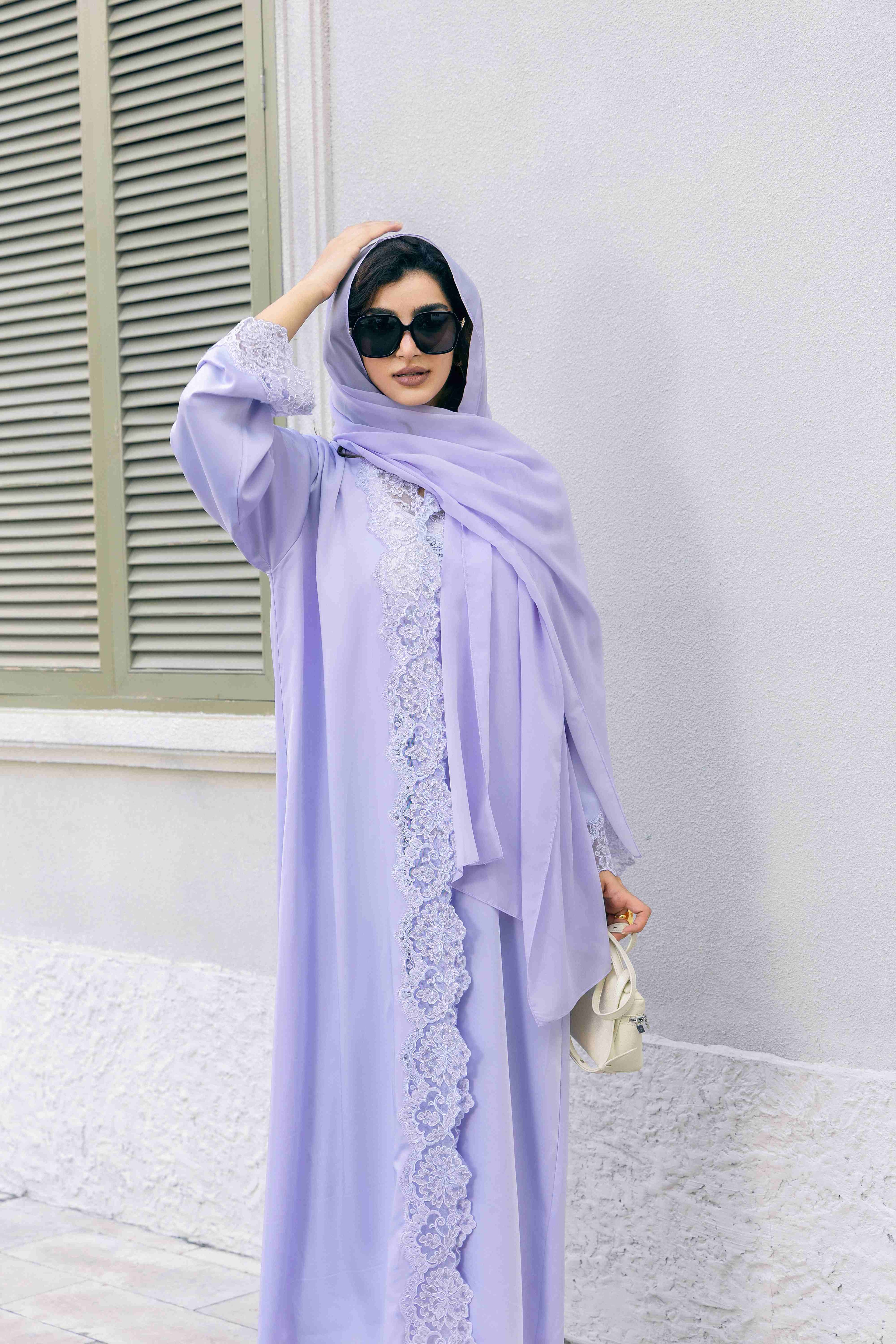 P25009 Lavender Lace-Trimmed Satin Abaya Coat Set