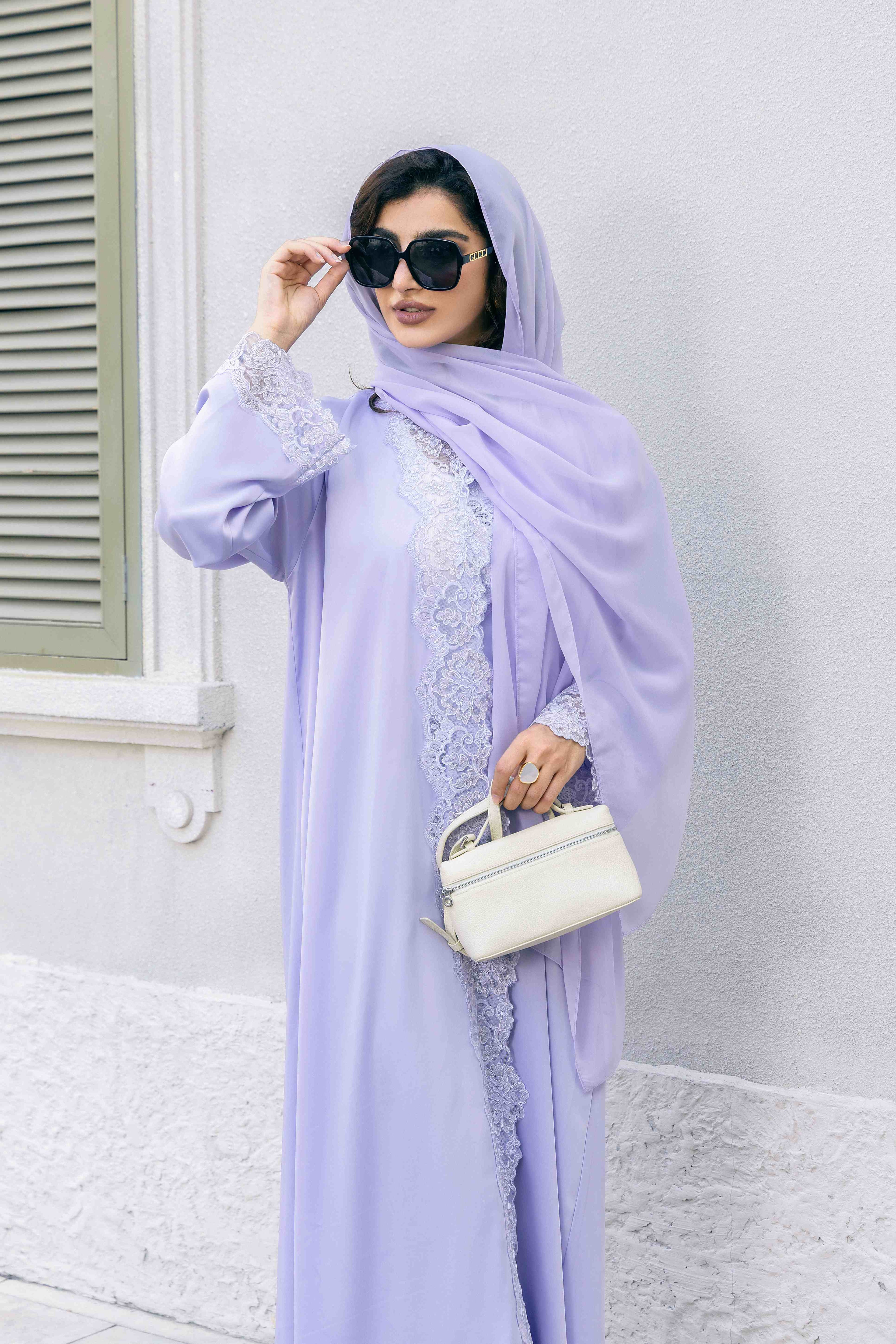 P25009 Lavender Lace-Trimmed Satin Abaya Coat Set