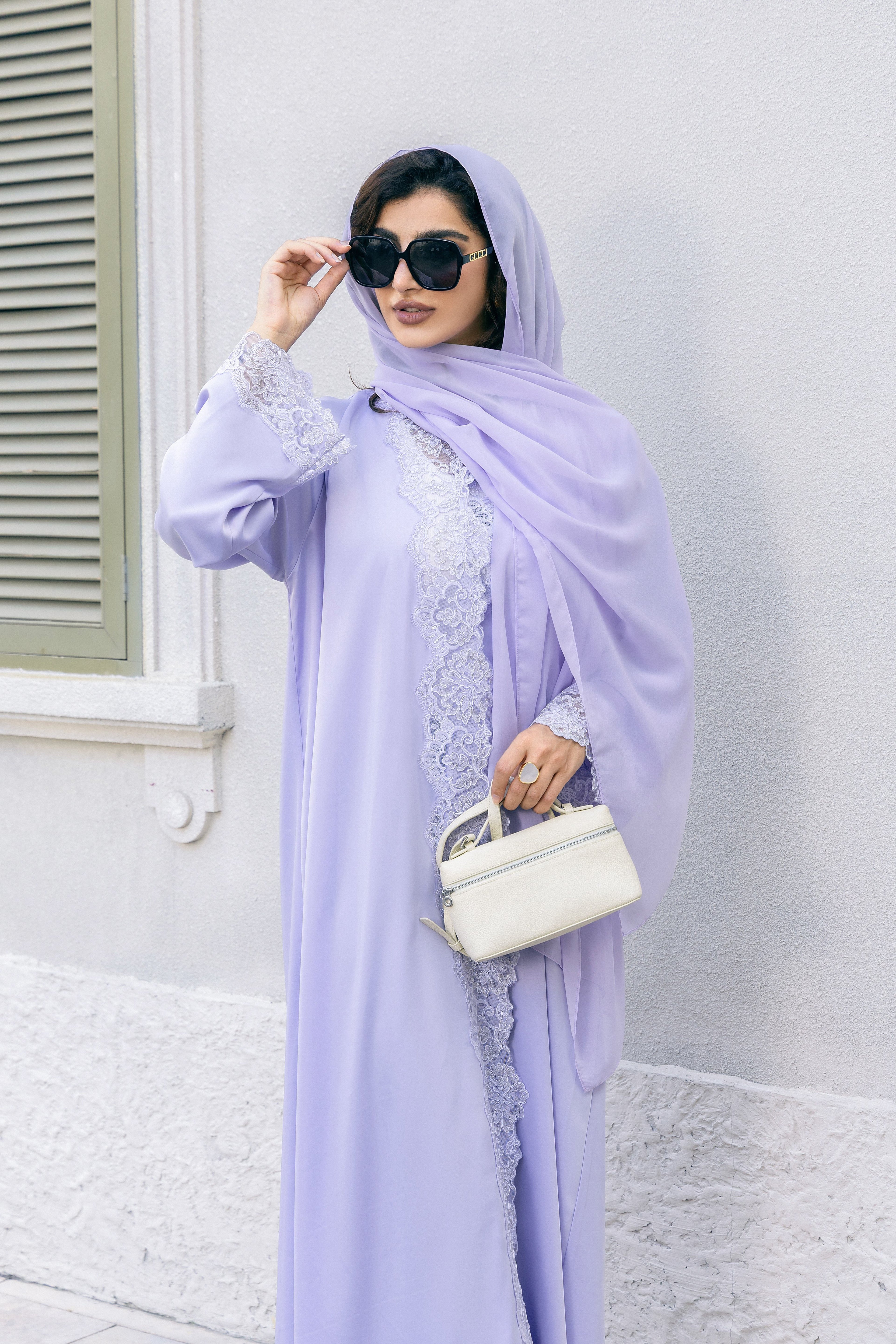 P25009 Lavender Lace-Trimmed Satin Abaya Coat Set