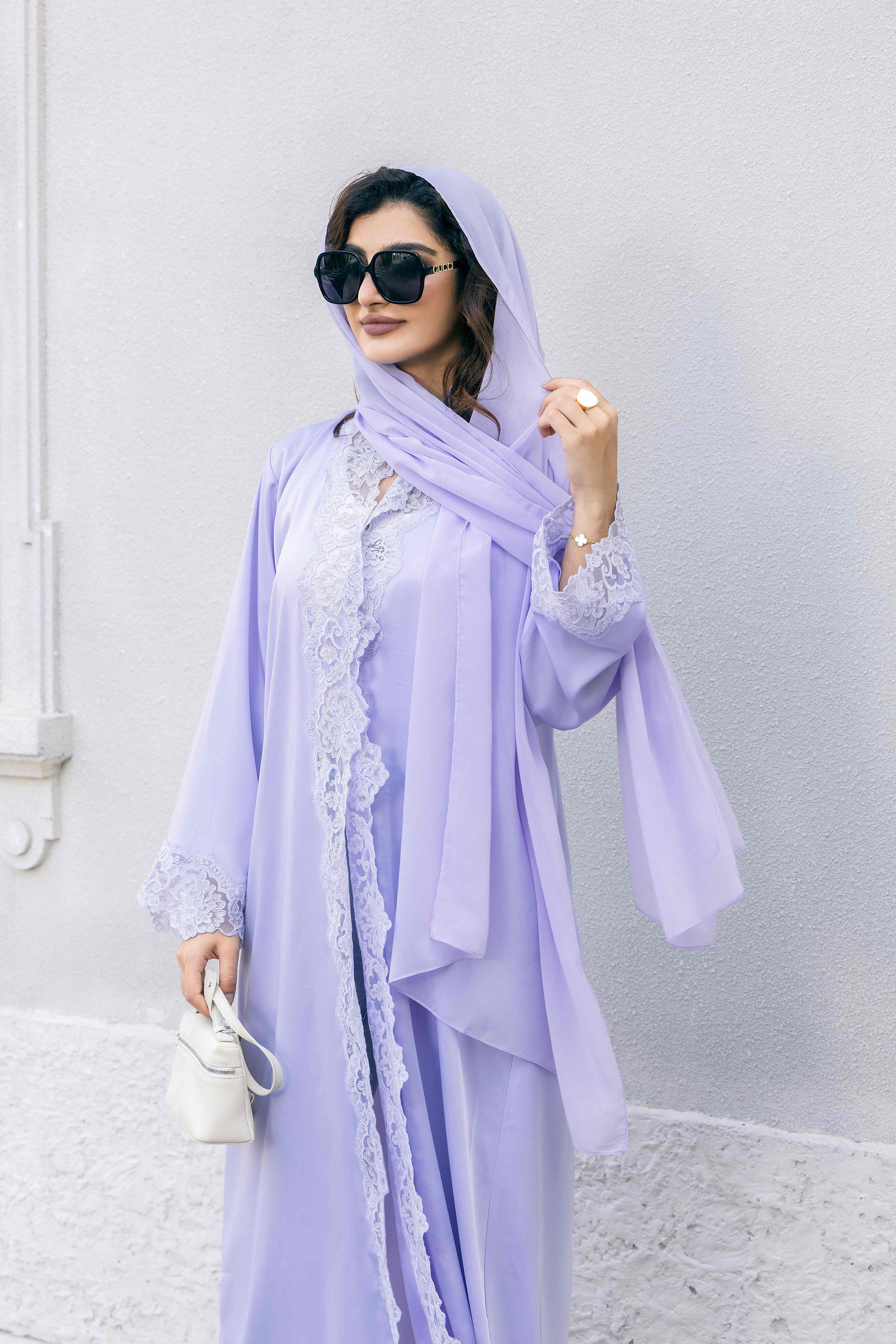 P25009 Lavender Lace-Trimmed Satin Abaya Coat Set
