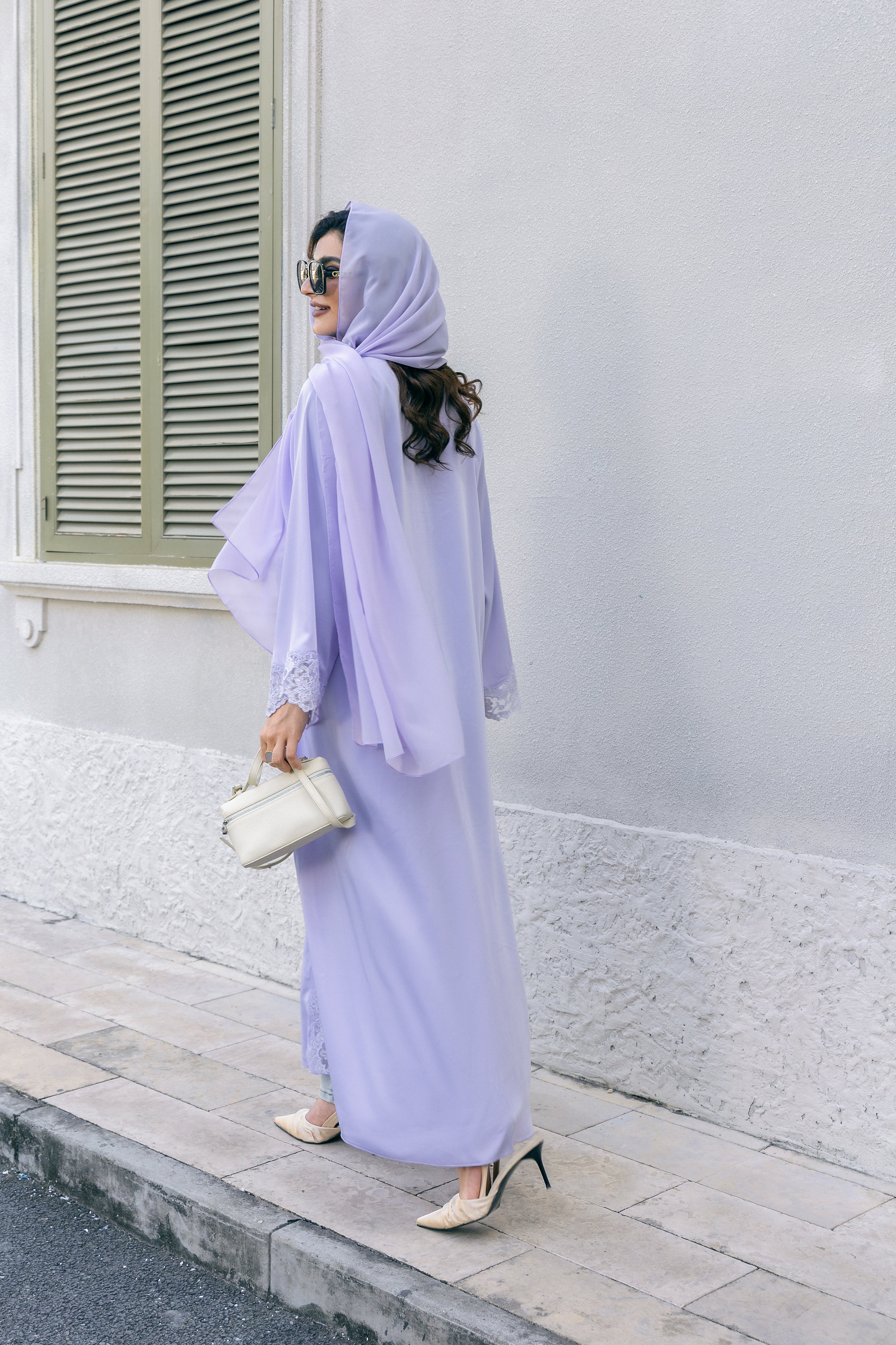 P25009 Lavender Lace-Trimmed Satin Abaya Coat Set