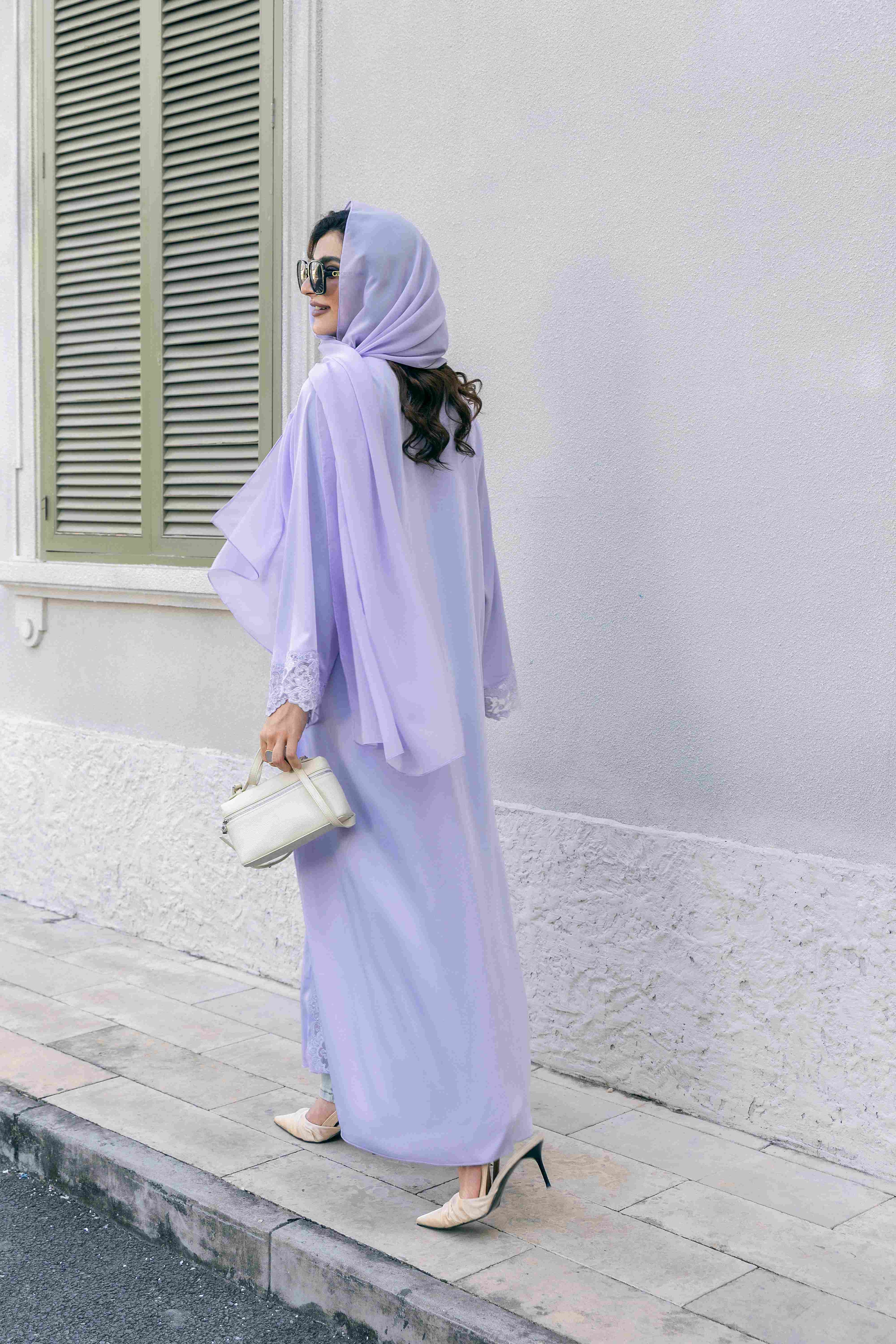 P25009 Lavender Lace-Trimmed Satin Abaya Coat Set