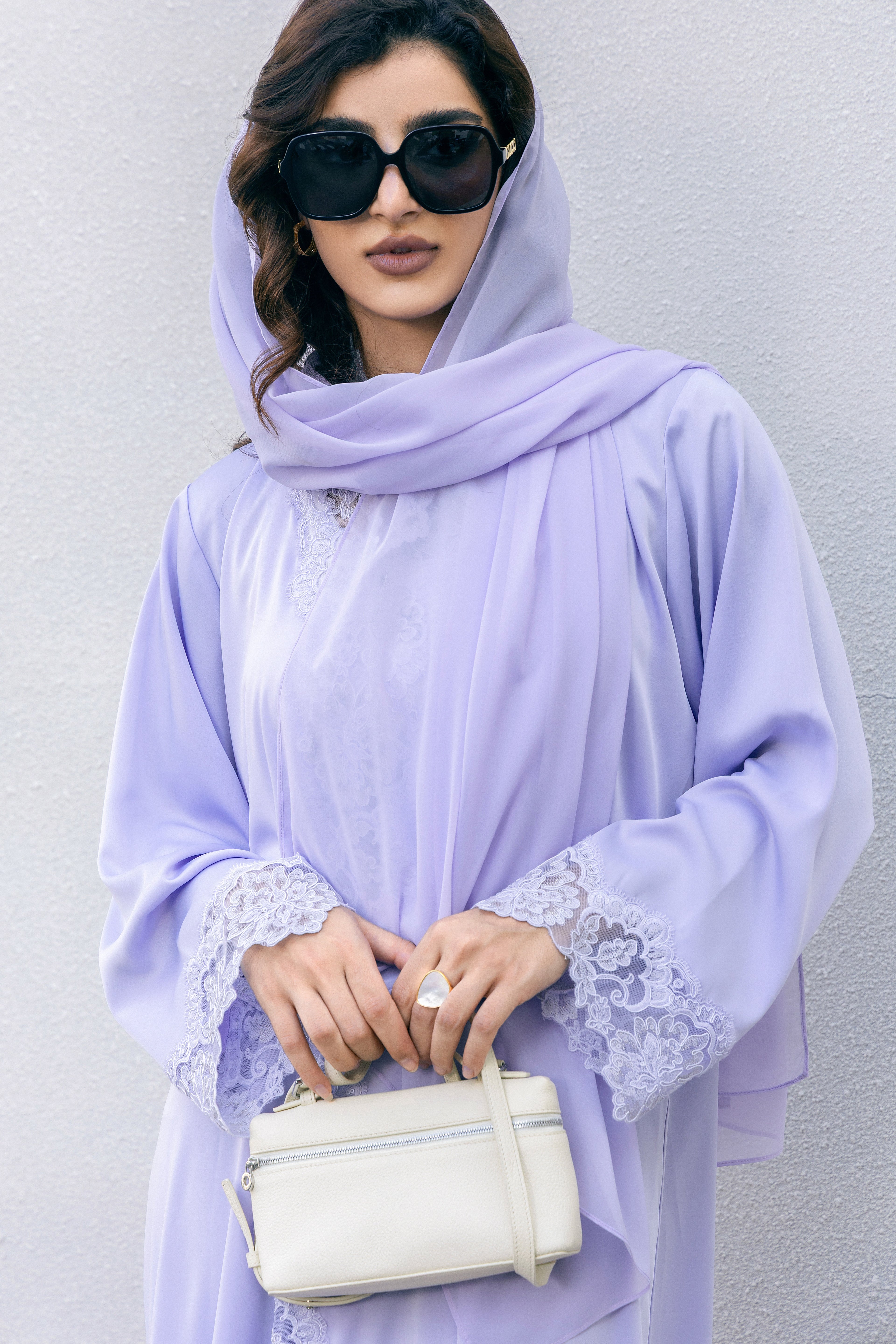 P25009 Lavender Lace-Trimmed Satin Abaya Coat Set