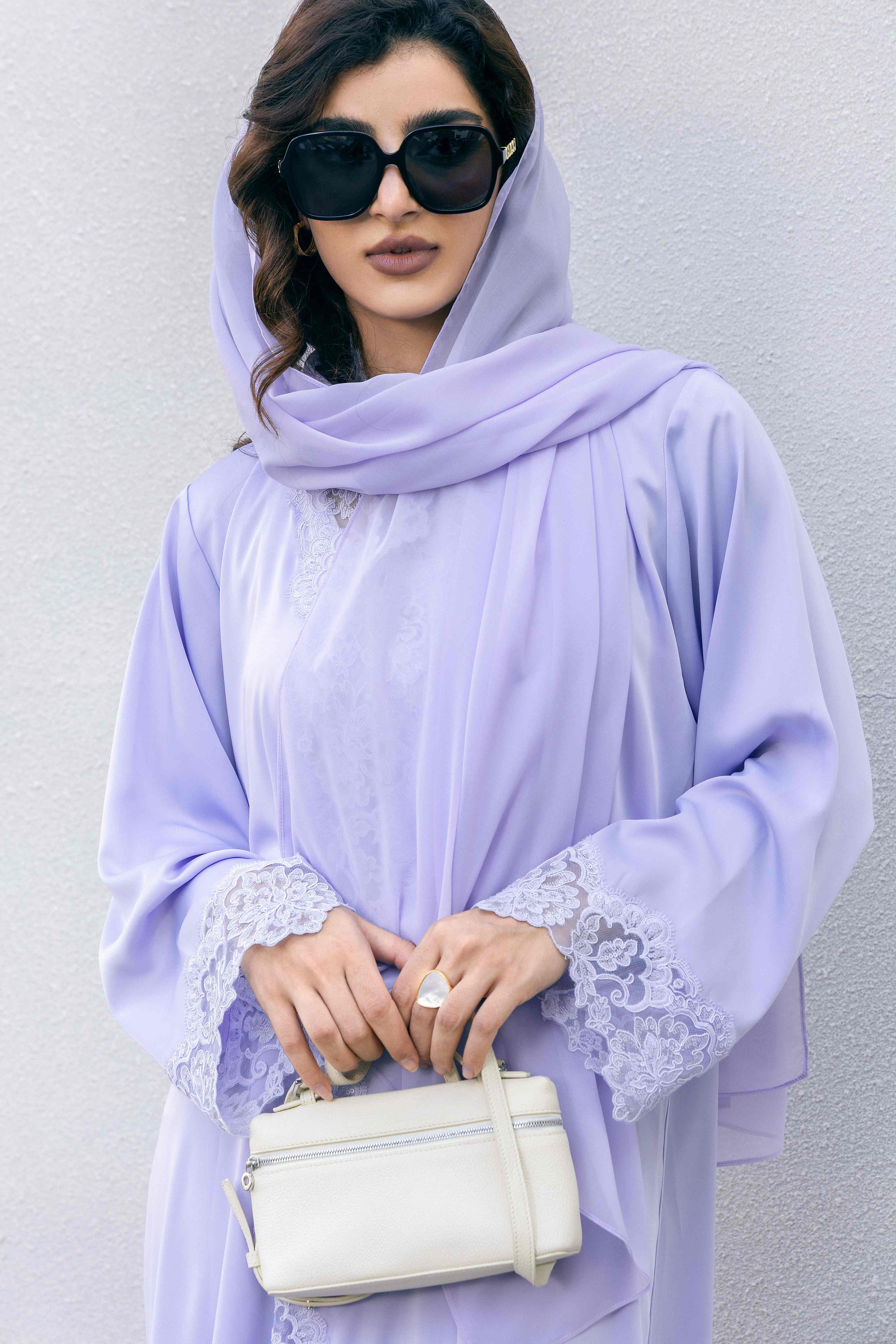 P25009 Lavender Lace-Trimmed Satin Abaya Coat Set