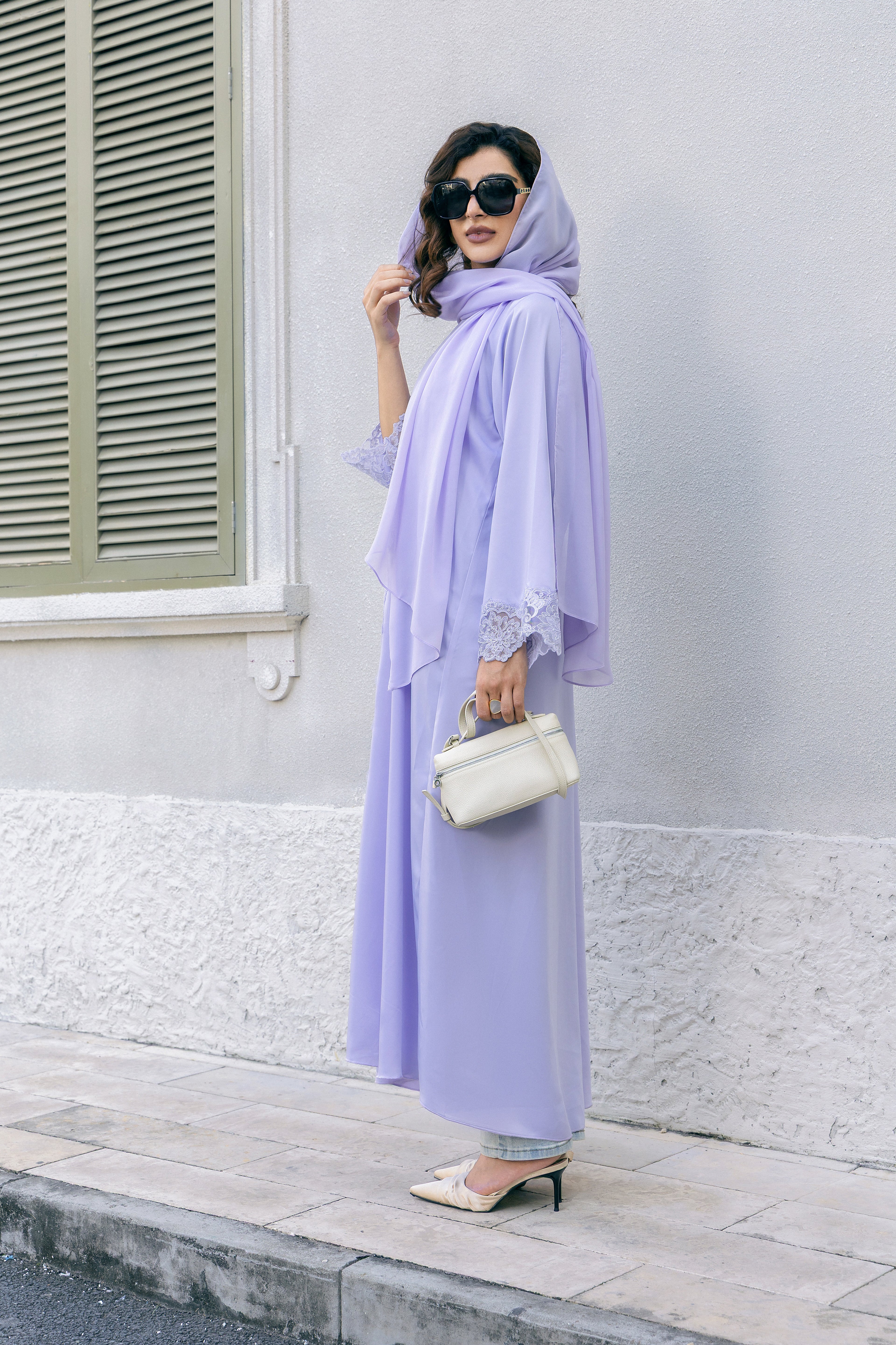 P25009 Lavender Lace-Trimmed Satin Abaya Coat Set