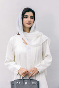 Front view of White Draped Abaya with professional aesthetic