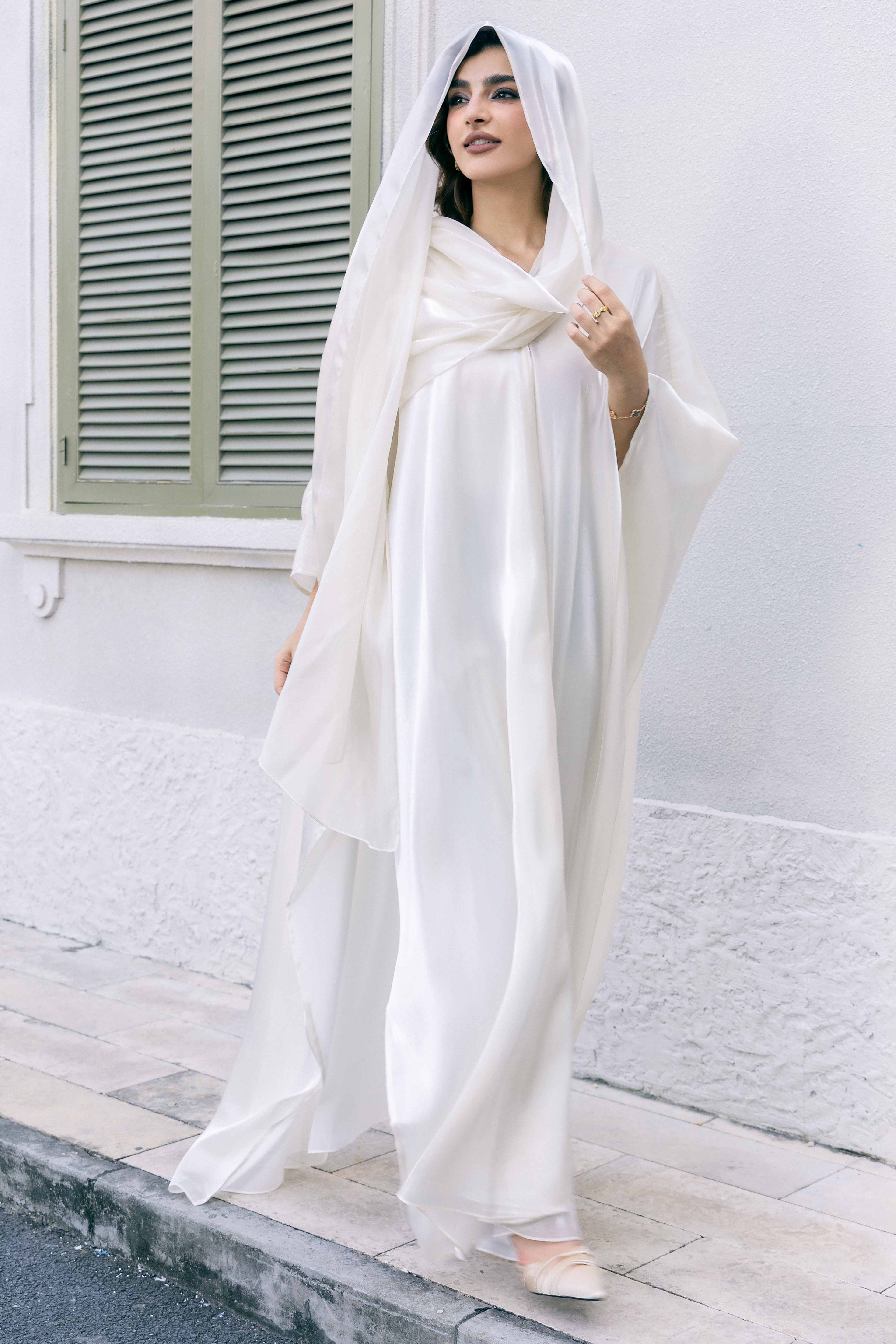 white abaya dress Luminous Moonlight White Lily Satin Abaya – NUR OYOUNI
