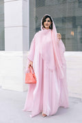 Main look of Luminous Soft Pink Abaya with elegant satin lily sheen