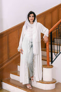 Main look of White Satin Abaya with intricate floral lace trim