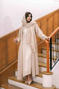 Front view of Light Khaki Classic Design Linen Abaya Dress Set