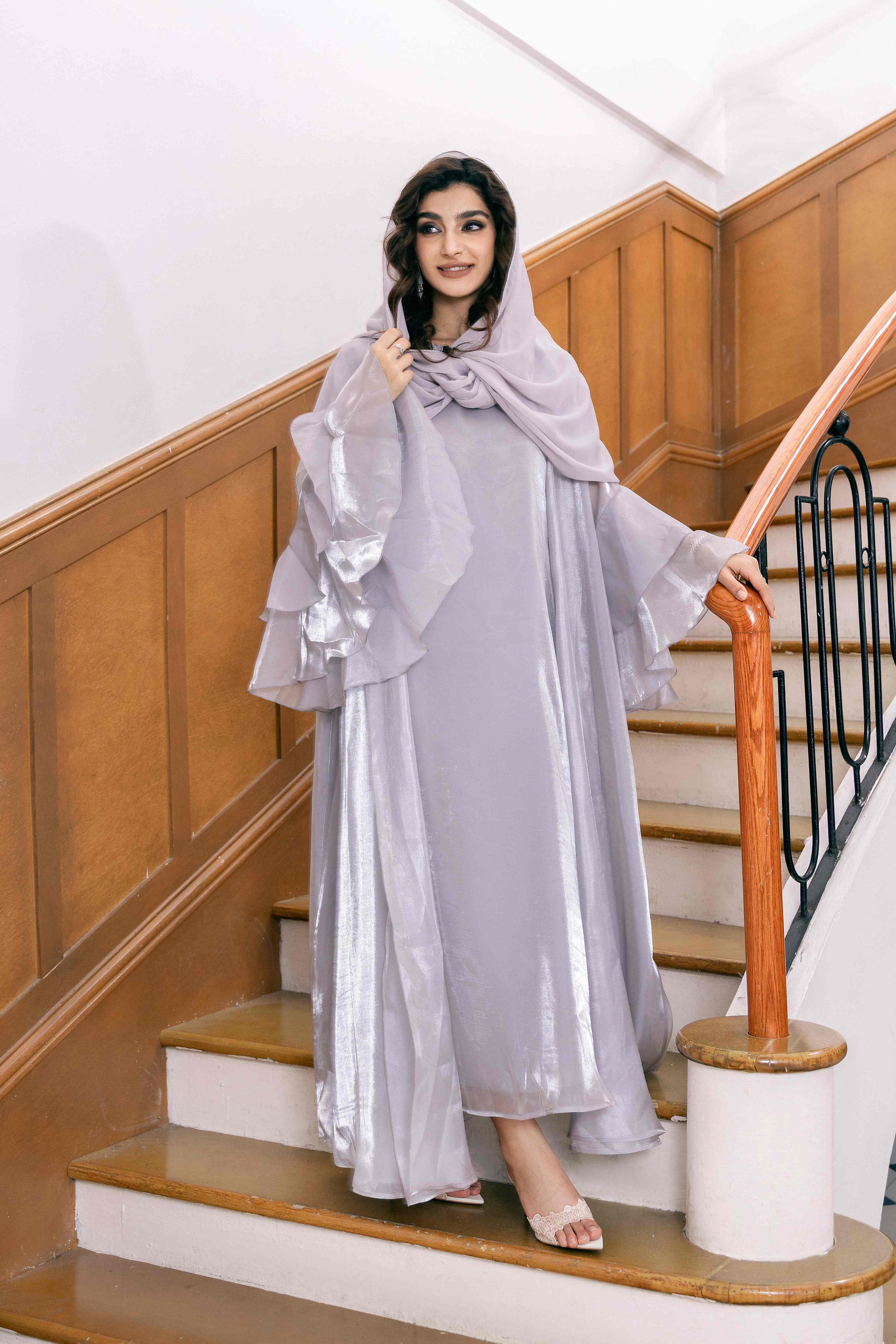 P25021 Silver Gray Mother-of-Pearl Luster Fabric Abaya Set
