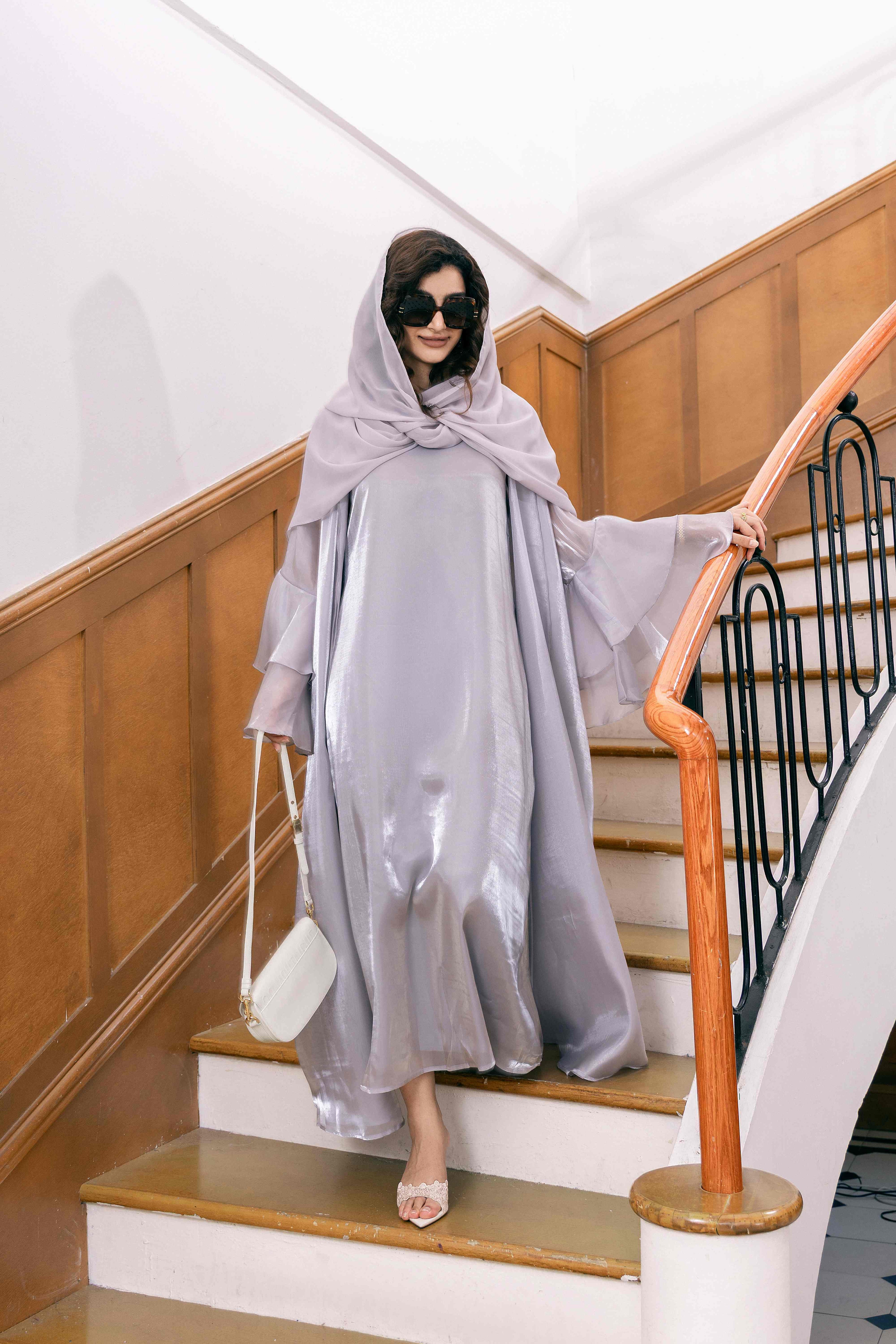 P25021 Silver Gray Mother-of-Pearl Luster Fabric Abaya Set