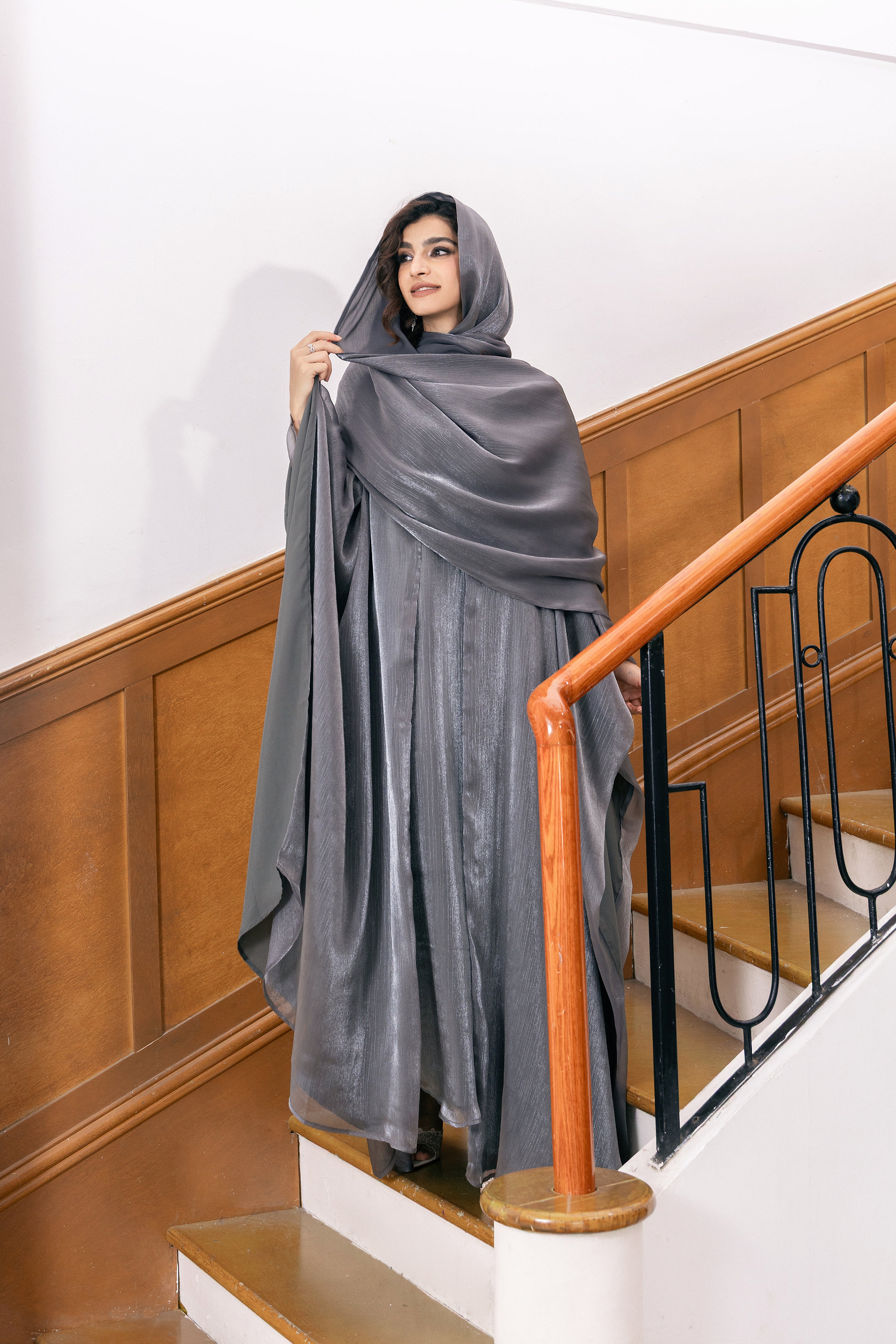 P25006 Silver Gray Metallic Sheen Chiffon Abaya Set