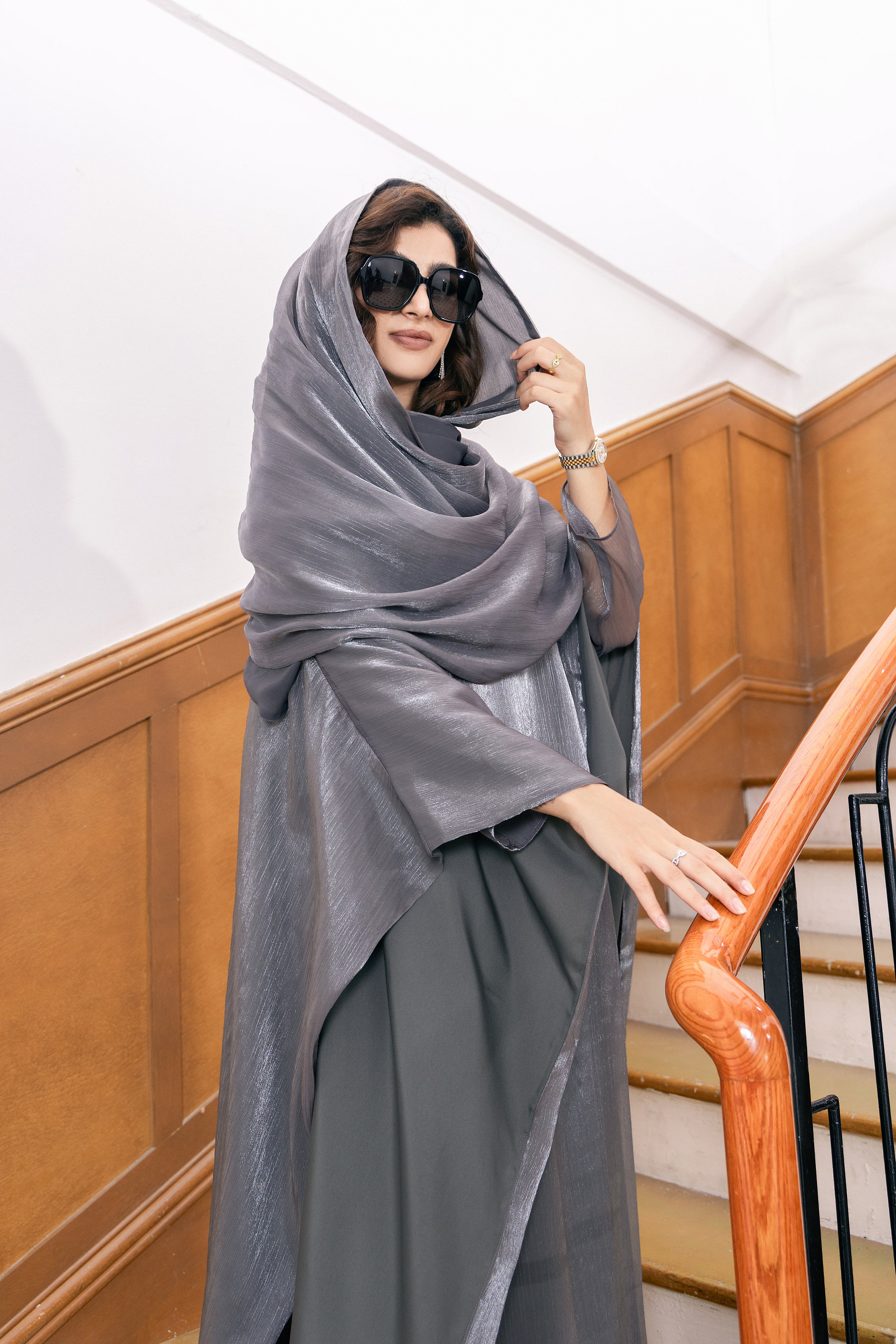 P25006 Silver Gray Metallic Sheen Chiffon Abaya Set