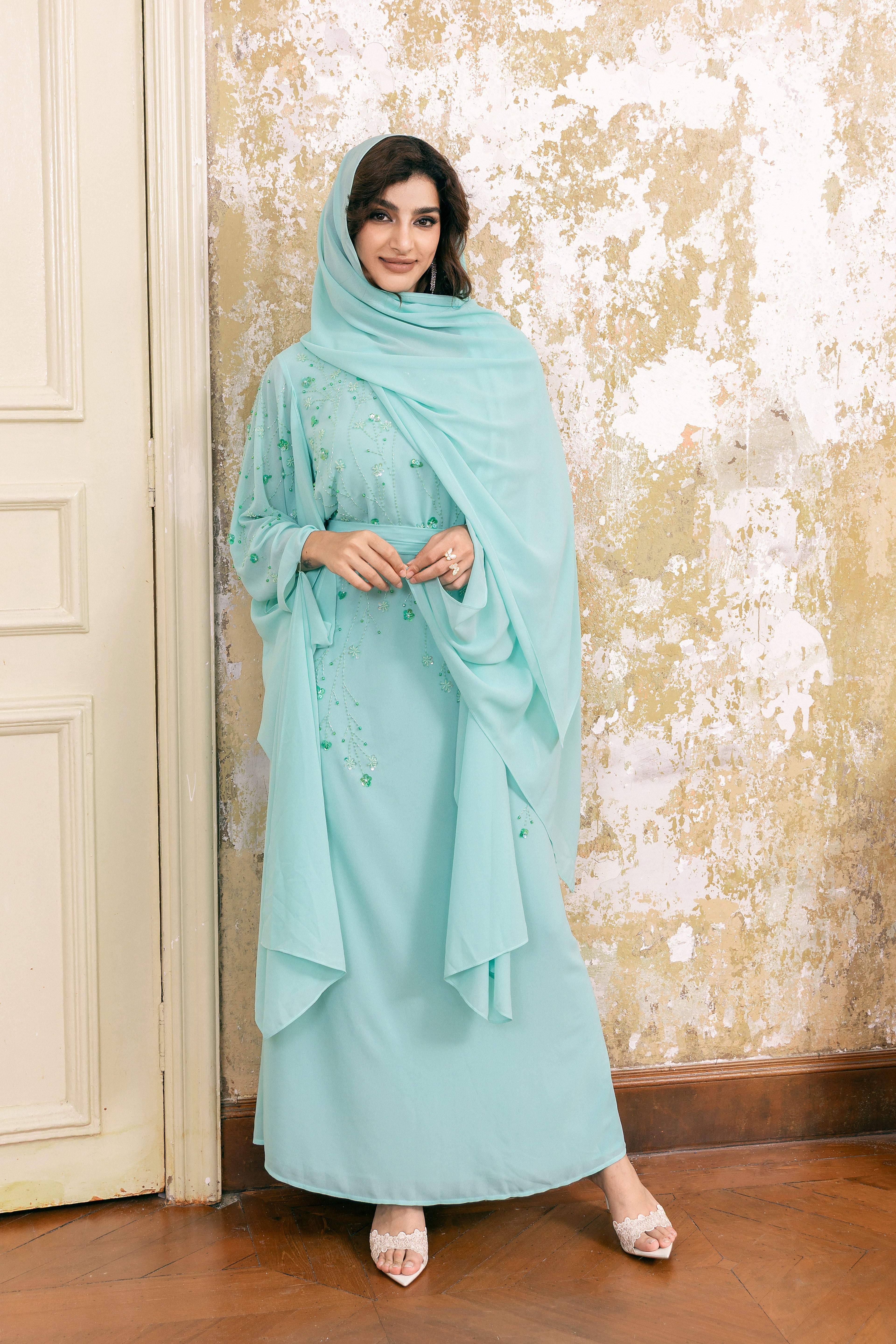 P25018 Green Hand made Sequin-Embellished Abaya Dress Set