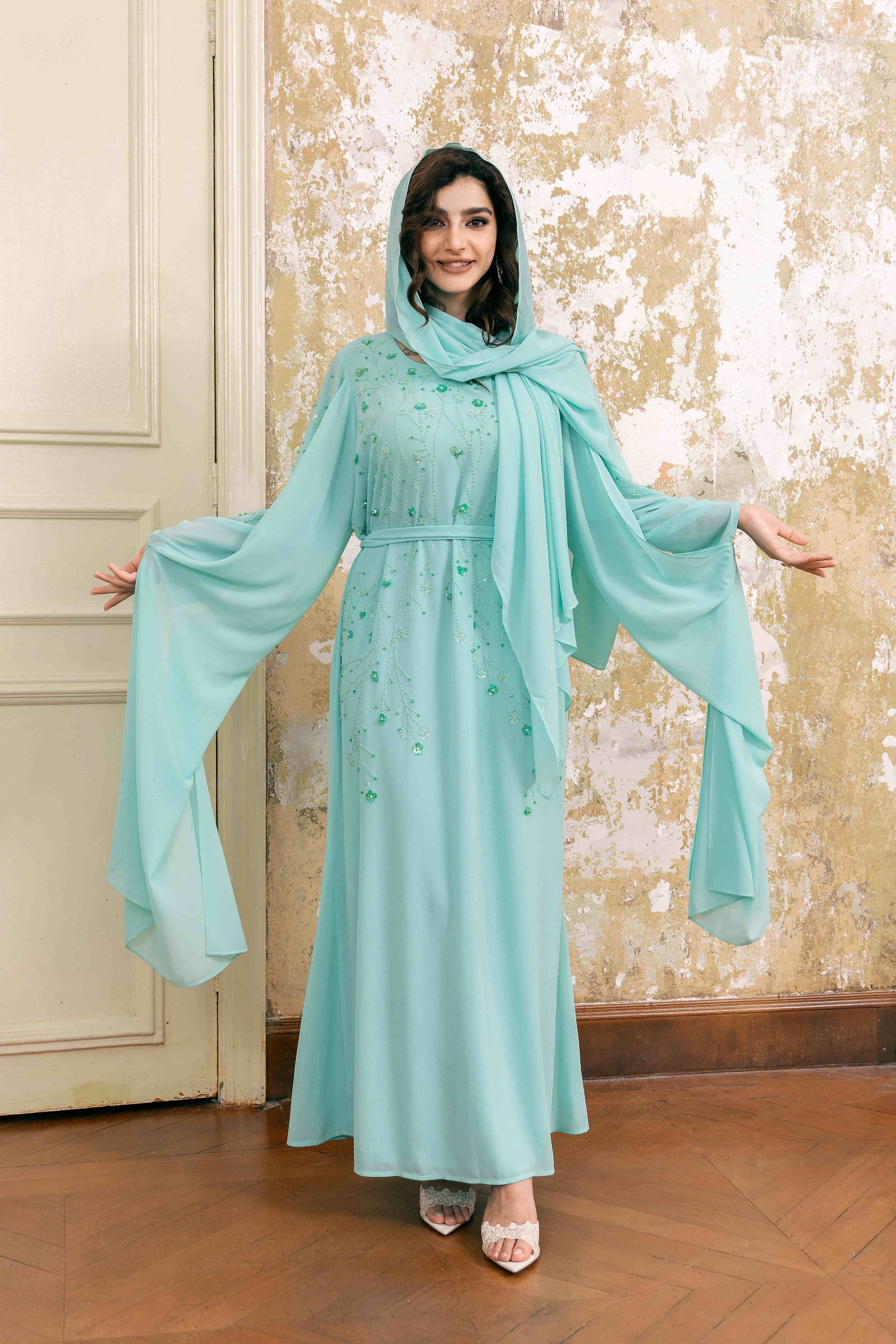 P25018 Green Hand made Sequin-Embellished Abaya Dress Set