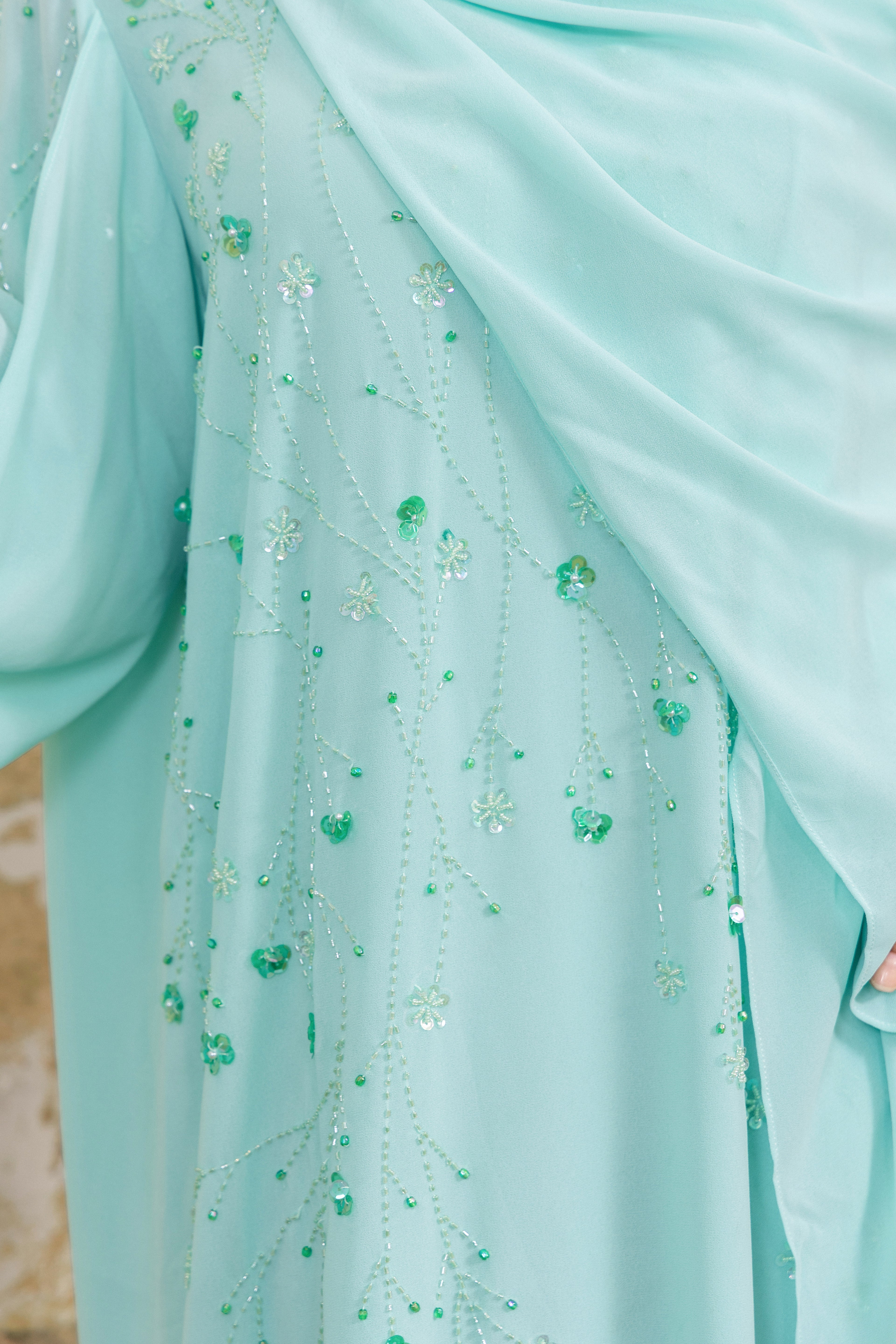P25018 Green Hand made Sequin-Embellished Abaya Dress Set