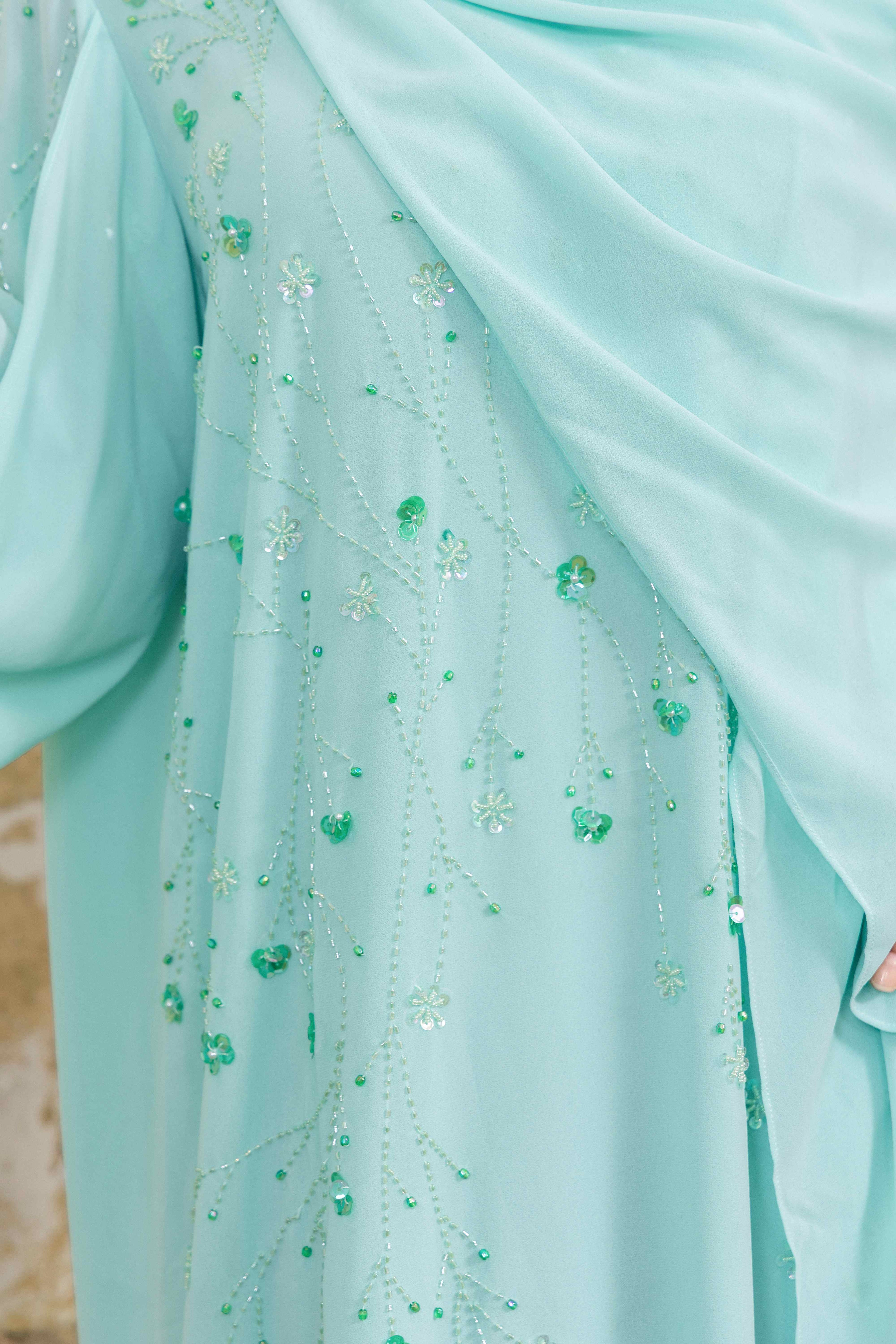 P25018 Green Hand made Sequin-Embellished Abaya Dress Set
